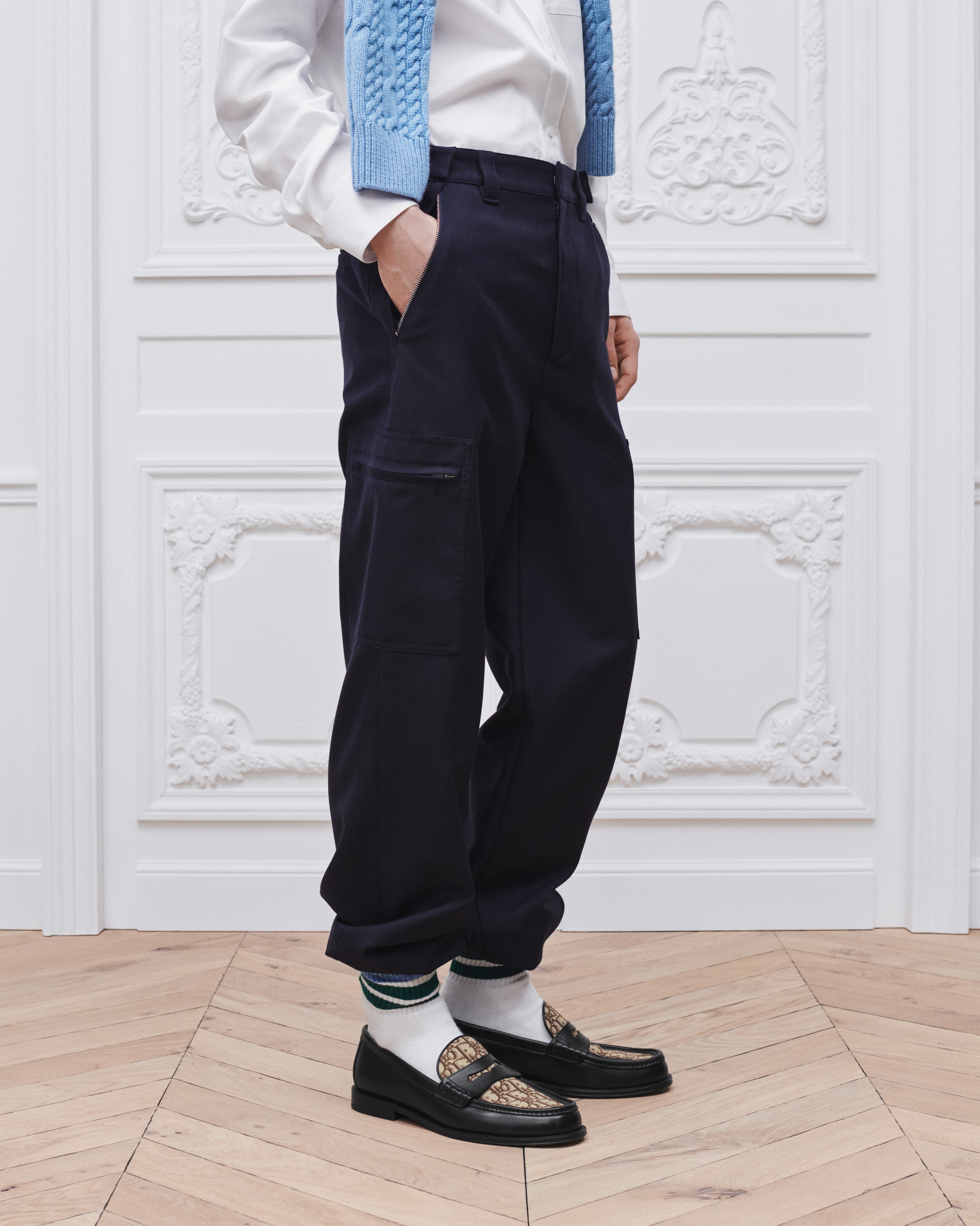 look_image_alt_prefix 工装裤 蓝色绵羊毛混纺面料 Dior 刺绣 E09