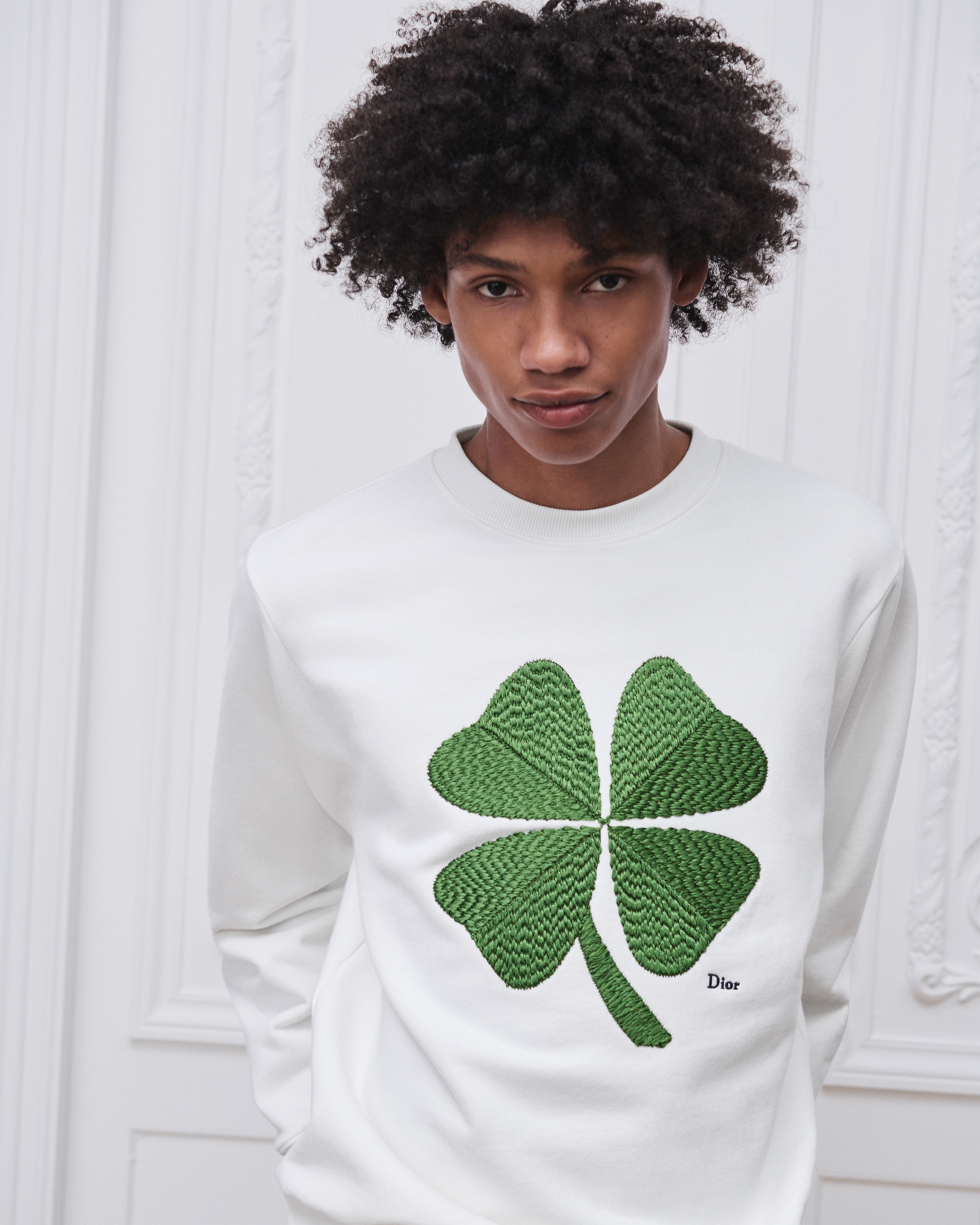 look_image_alt_prefix 卫衣 白色棉质起绒面料 Dior Clover 图案刺绣 E07