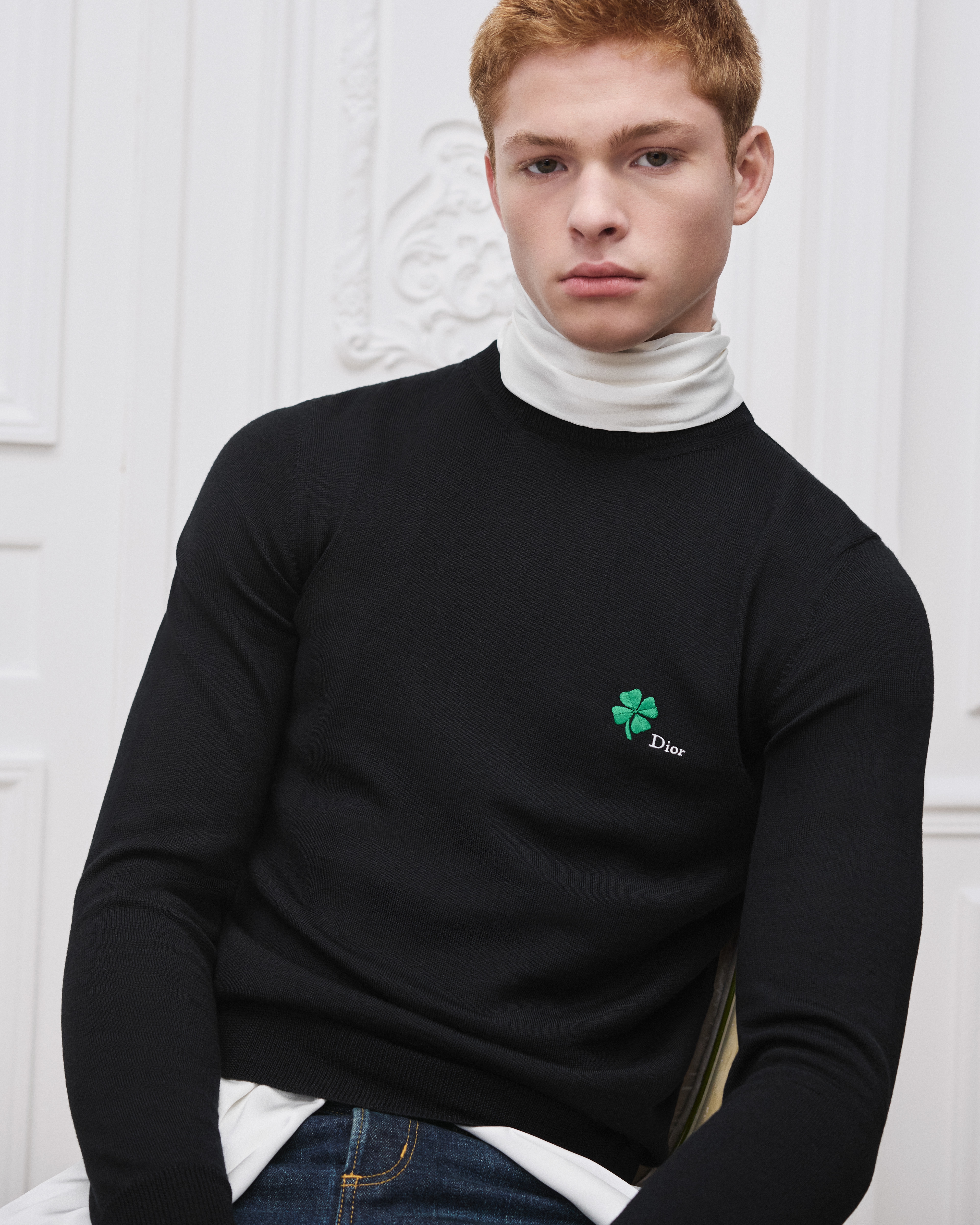 look_image_alt_prefix 针织衫 黑色绵羊毛平纹针织面料 Dior Clover 图案刺绣 E07