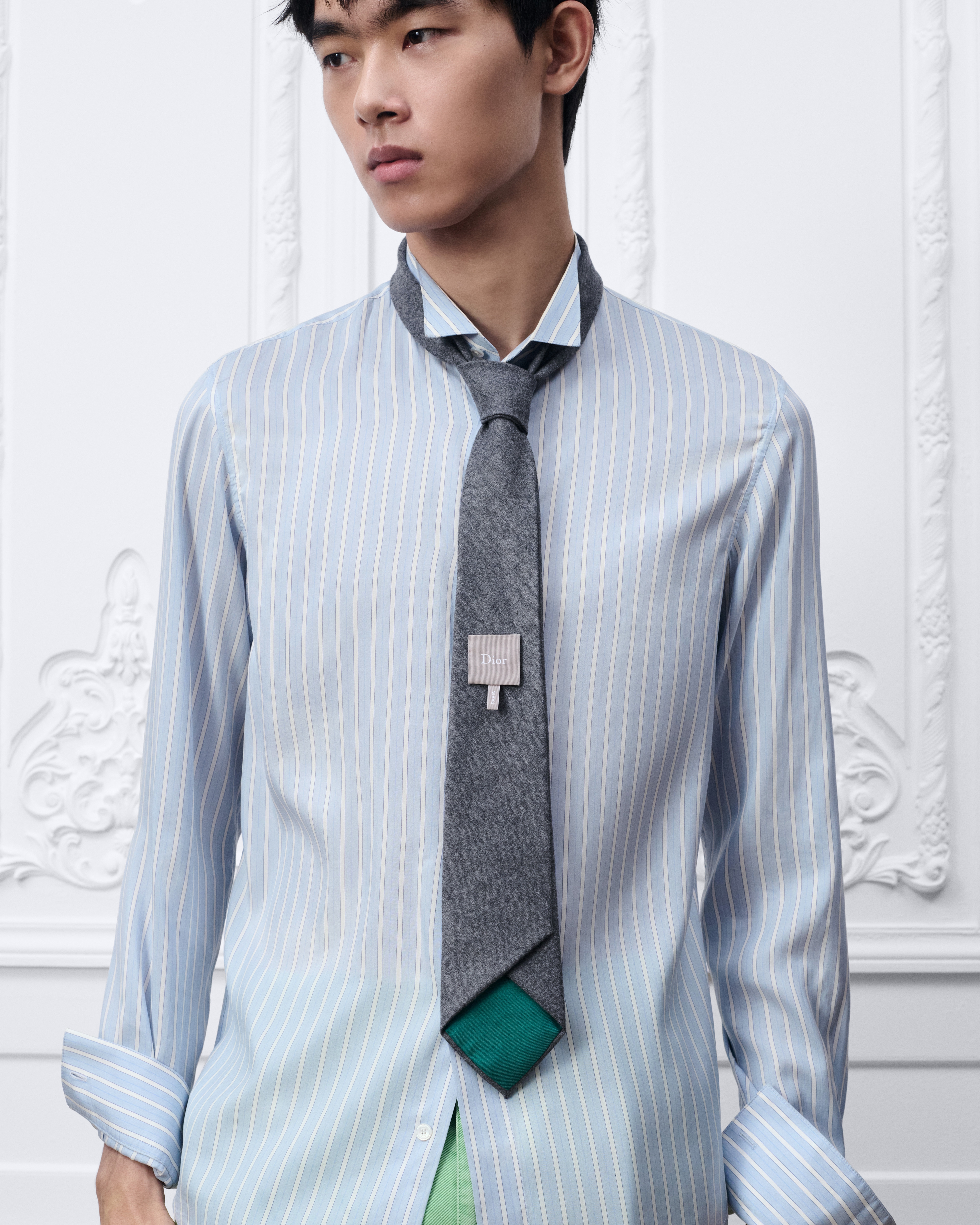 反扣式领带搭配 Dior 标签 浅灰色绵羊毛法兰绒面料 E35