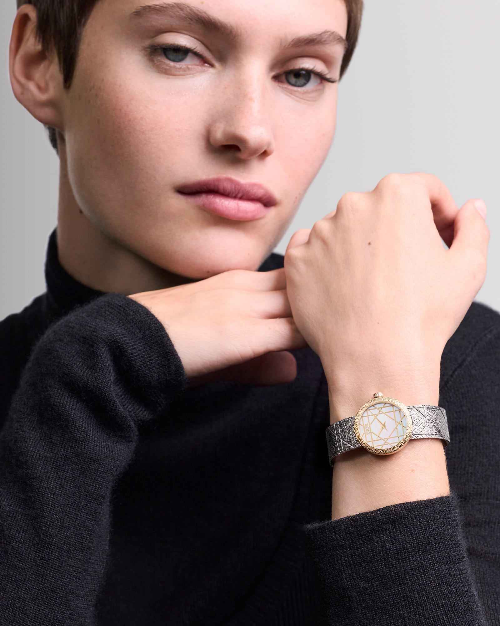 La D My Dior 腕表 直径 25 毫米，钢、黄色 18K 金、白色珍珠母贝和钻石 E01