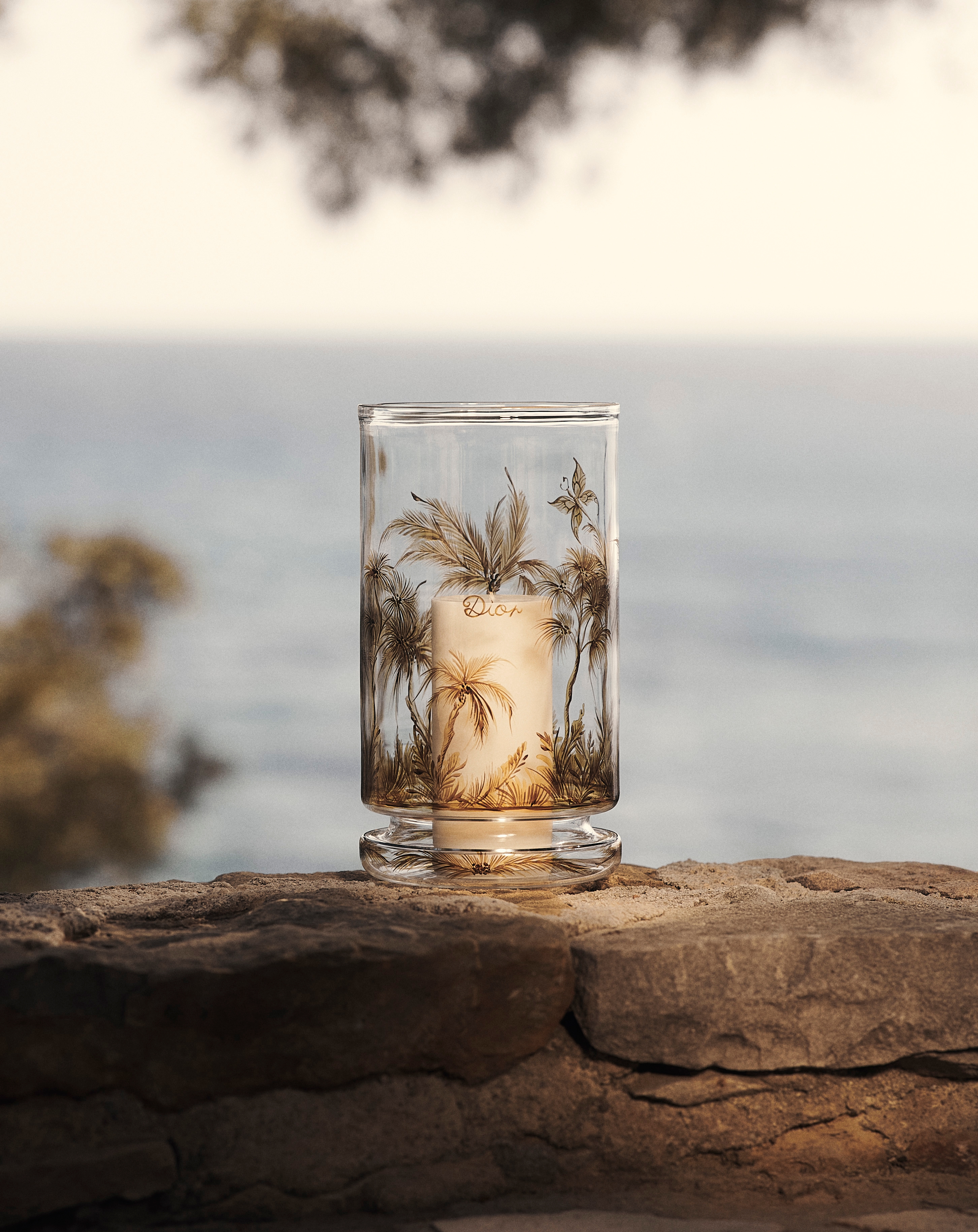 迷你蜡烛杯 透明玻璃手绘风格米色 Palms 茹伊印花图案 E12