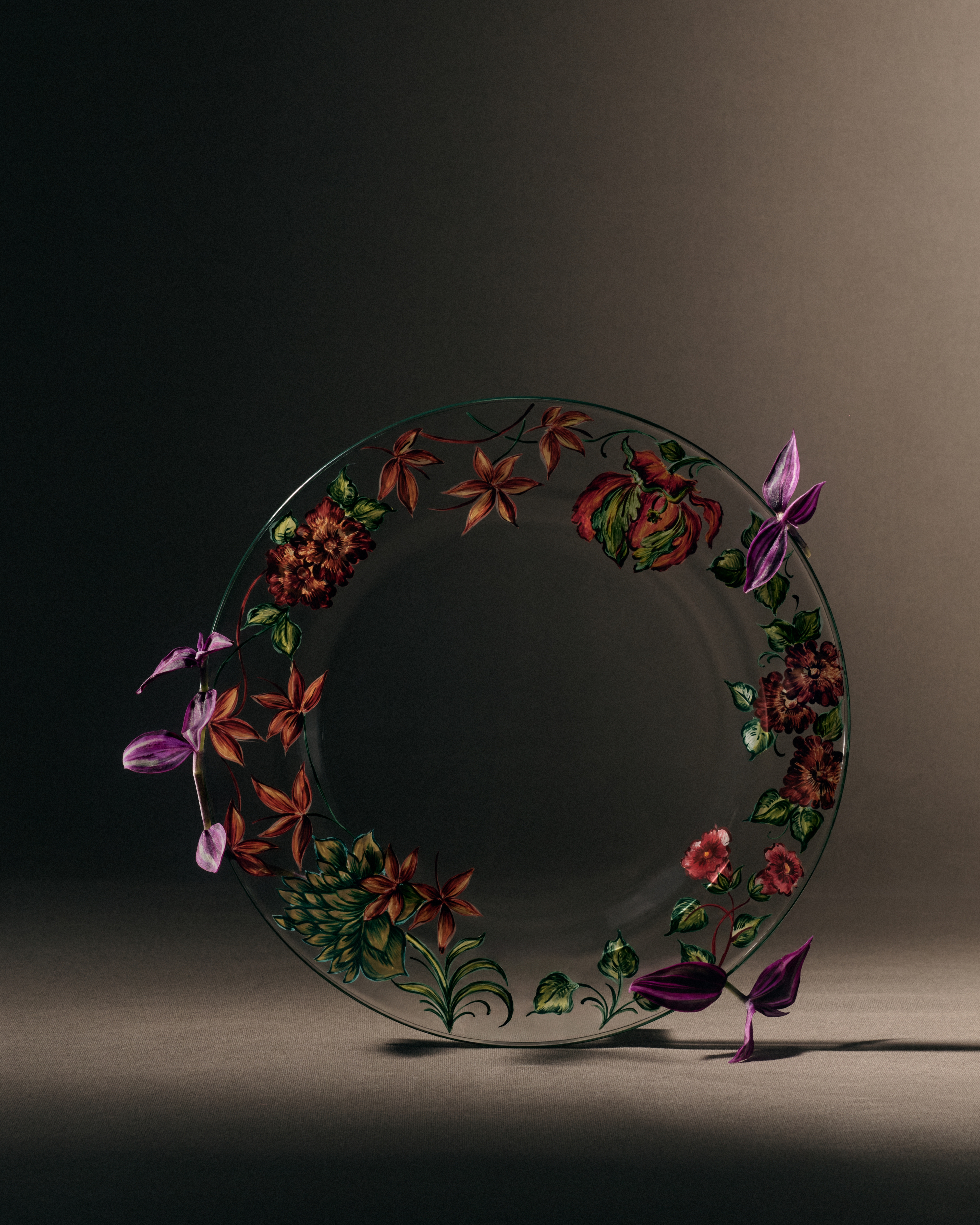 餐盘 玻璃多色花卉图案 E01