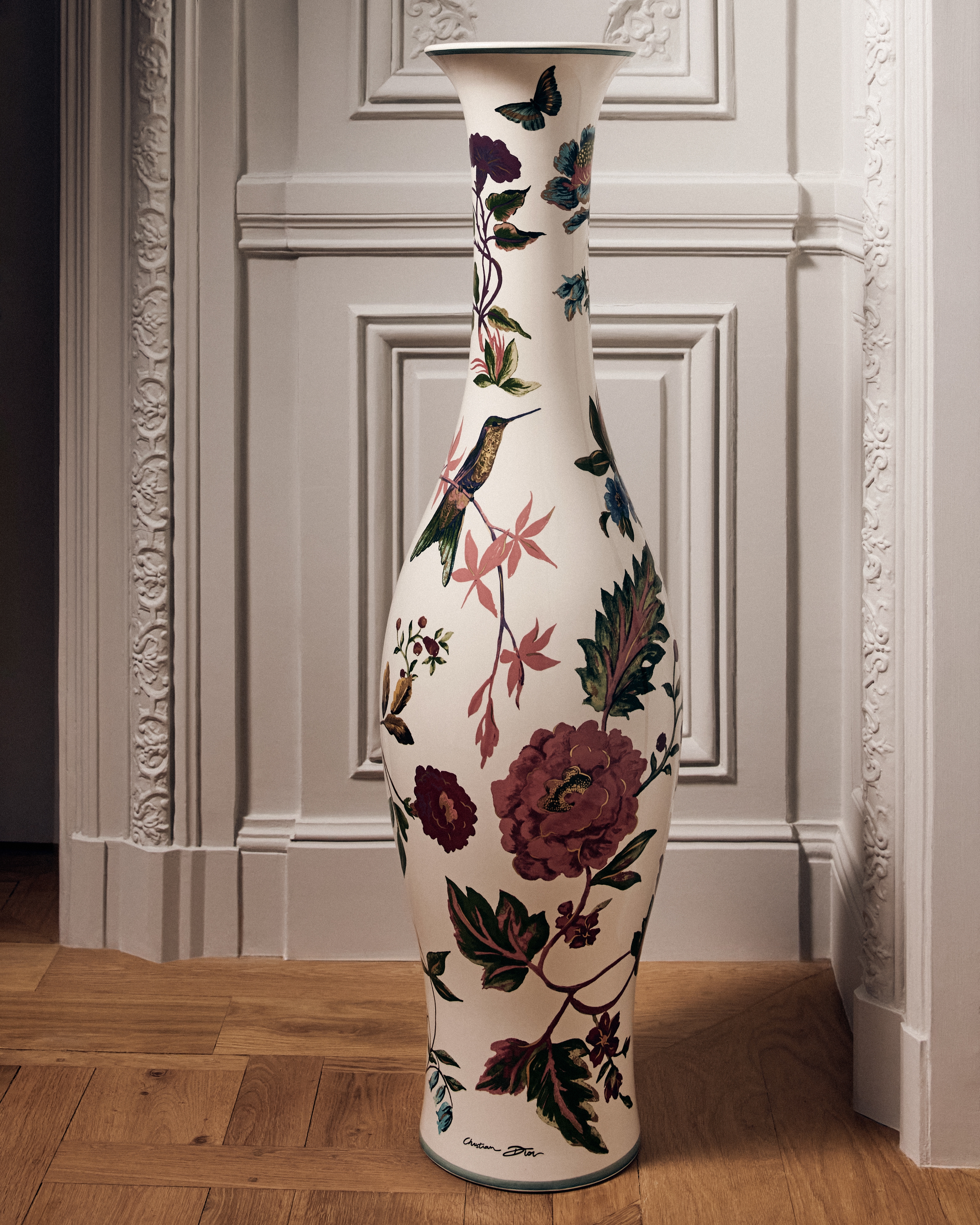 大号花瓶 米白色陶瓷多色花卉图案 E13