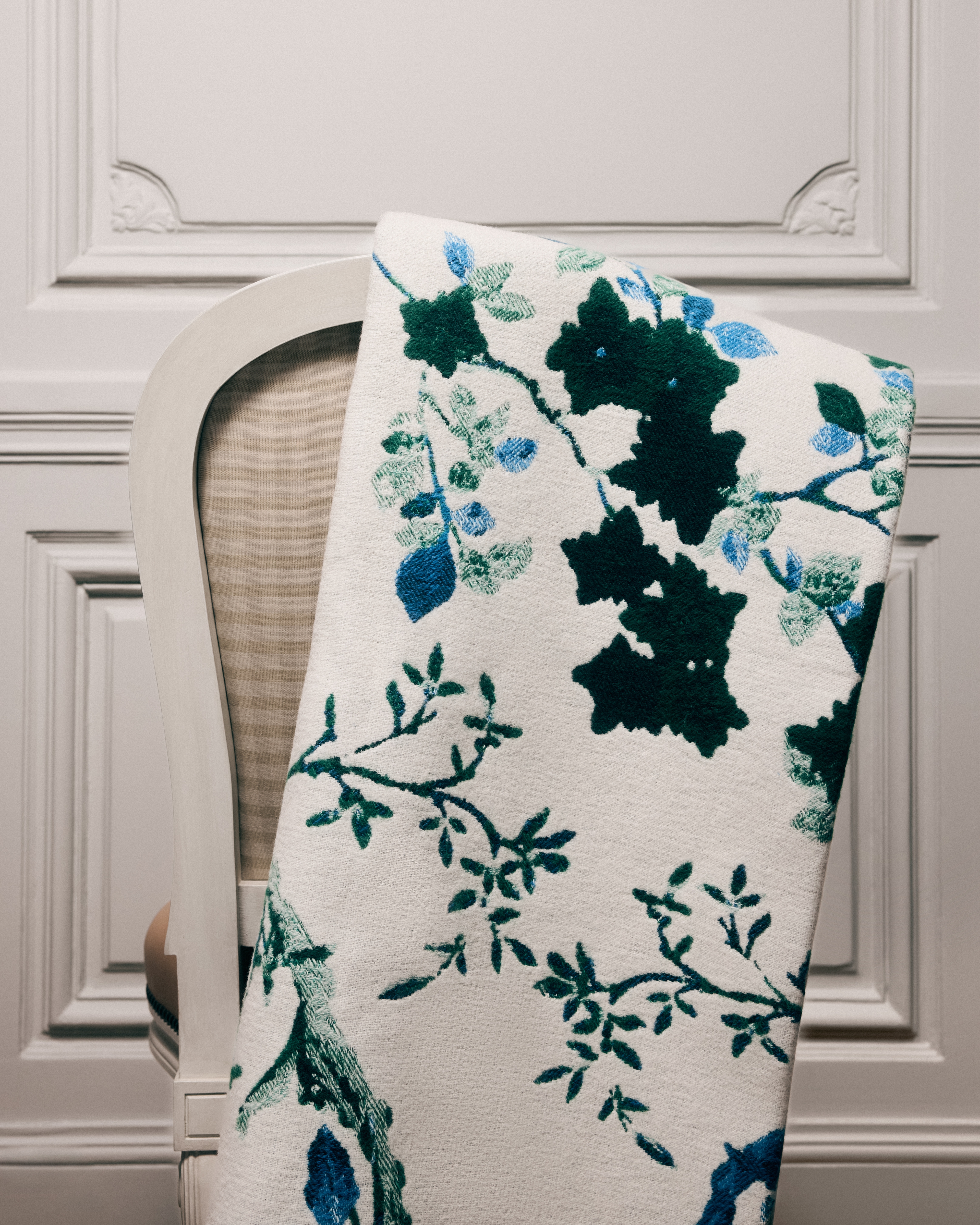 织毯 白色绵羊毛混纺提花面料叶子图案 E16