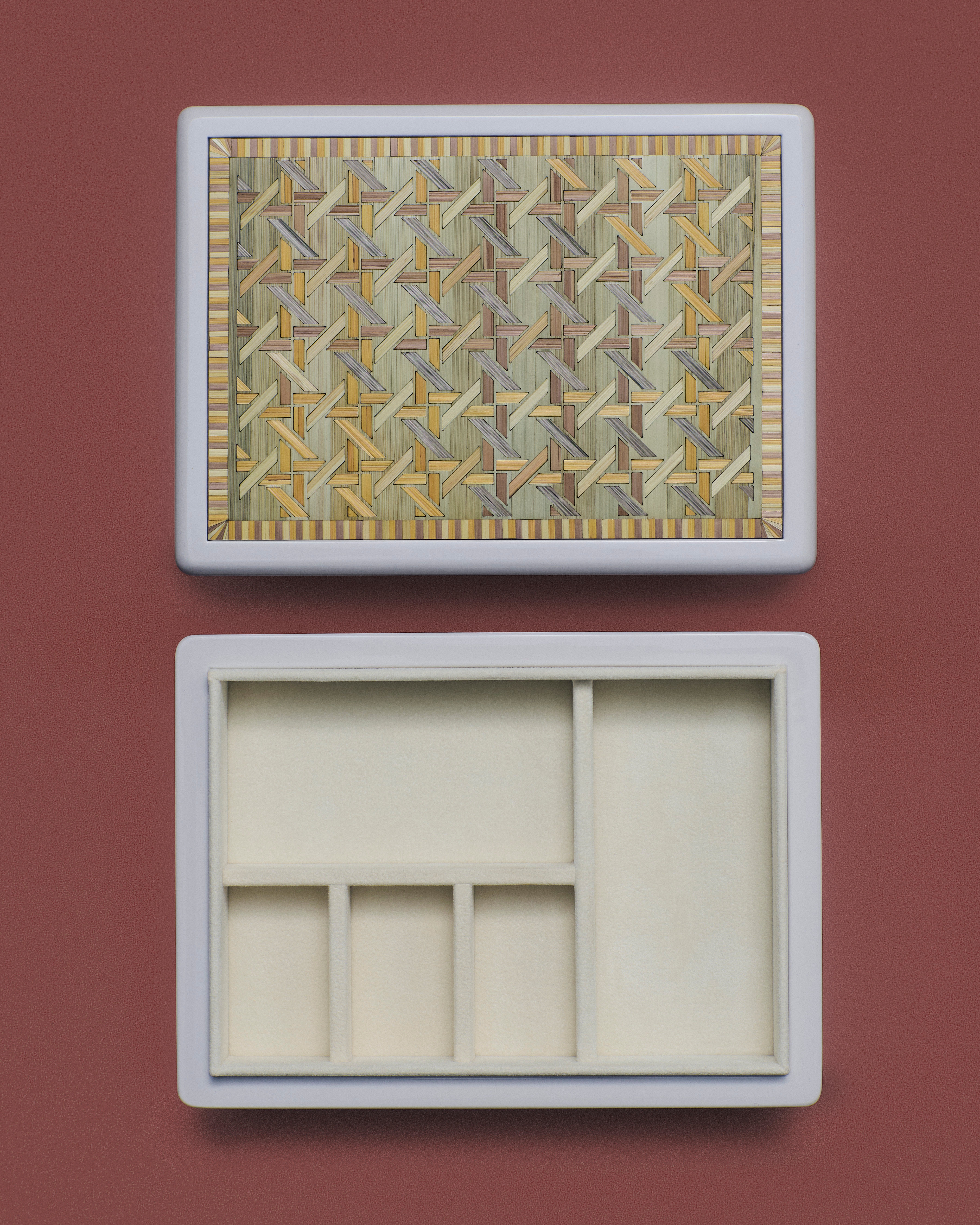 珠宝盒 白色涂漆木质和麦秸细工镶嵌藤格纹格子图案 E05