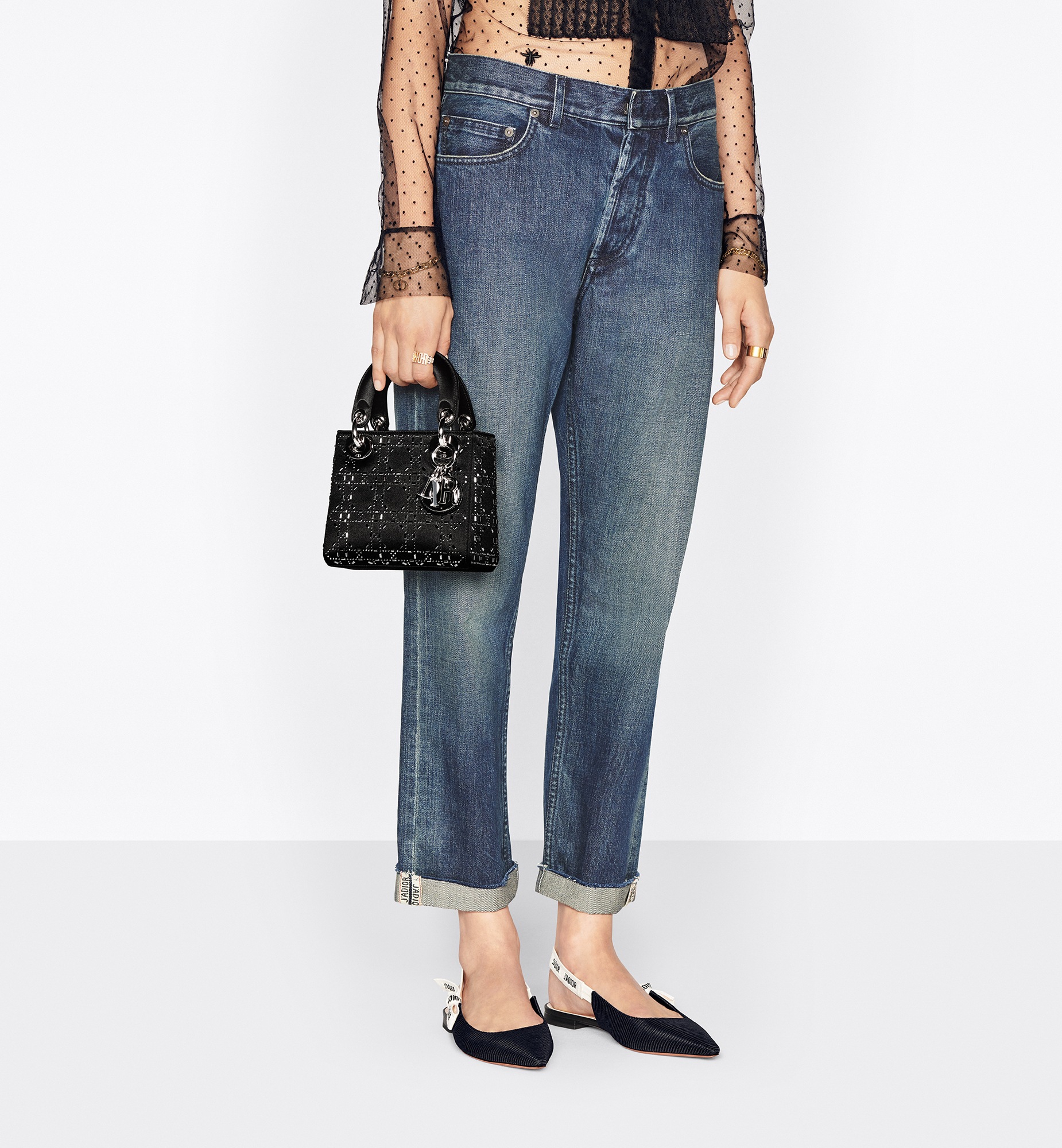 迷你 Lady Dior 手袋 黑色缎面藤格纹仿水晶 E13