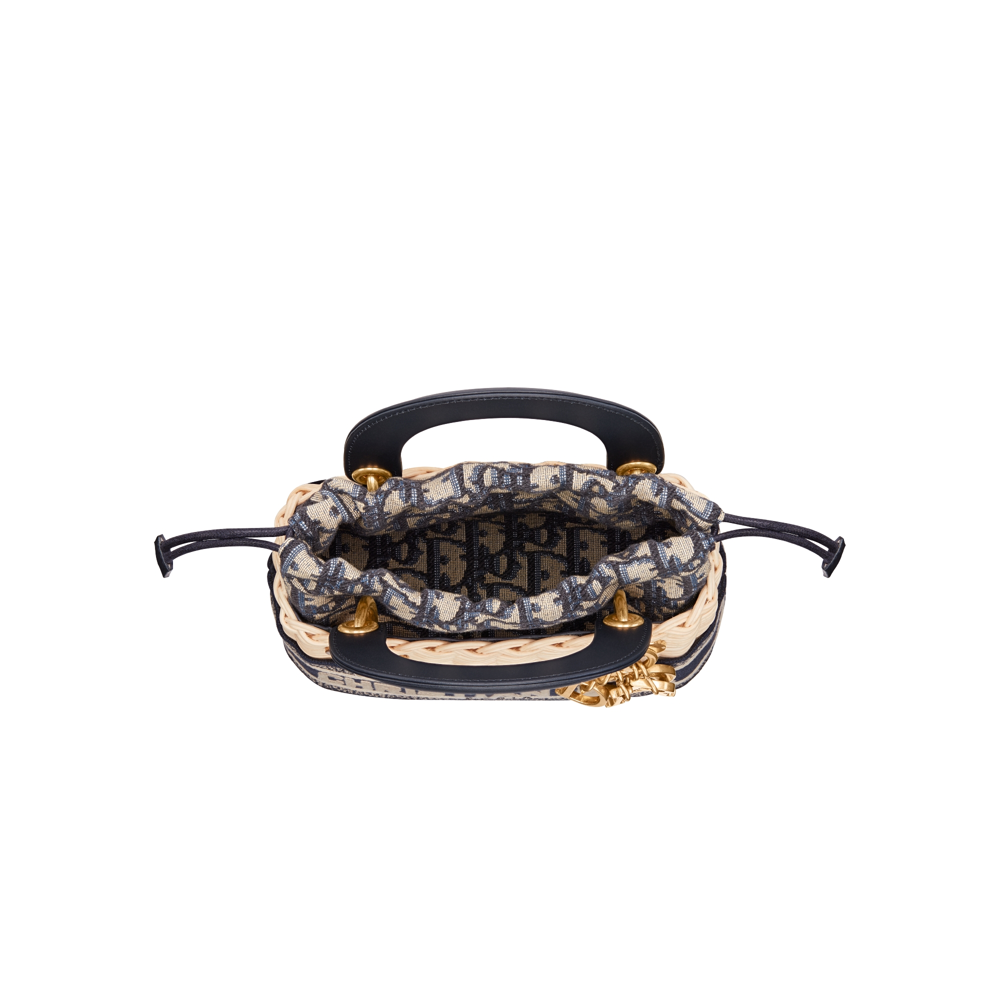 迷你 Lady Dior 手袋 自然色藤条和蓝色 Oblique 印花面料 E10