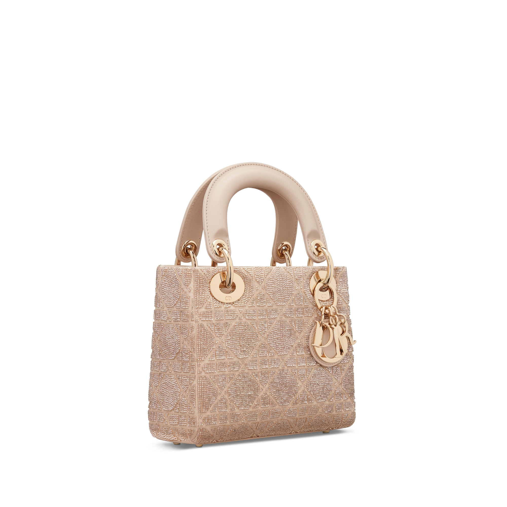 迷你 Lady Dior 手袋 焦糖米色棉质面料藤格纹迷你珠饰刺绣 E03