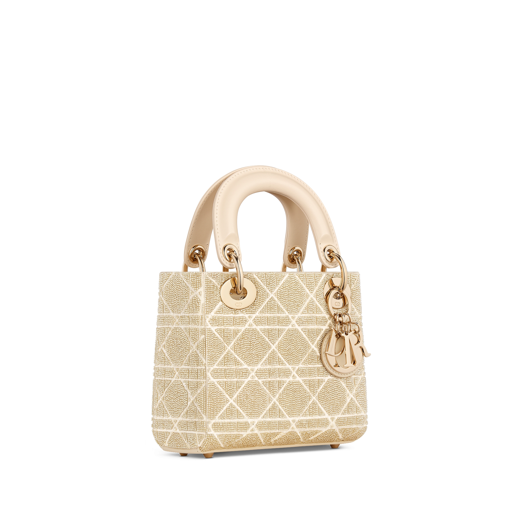 迷你 Lady Dior 手袋 浅象牙色棉质面料藤格纹迷你珠饰刺绣 E03