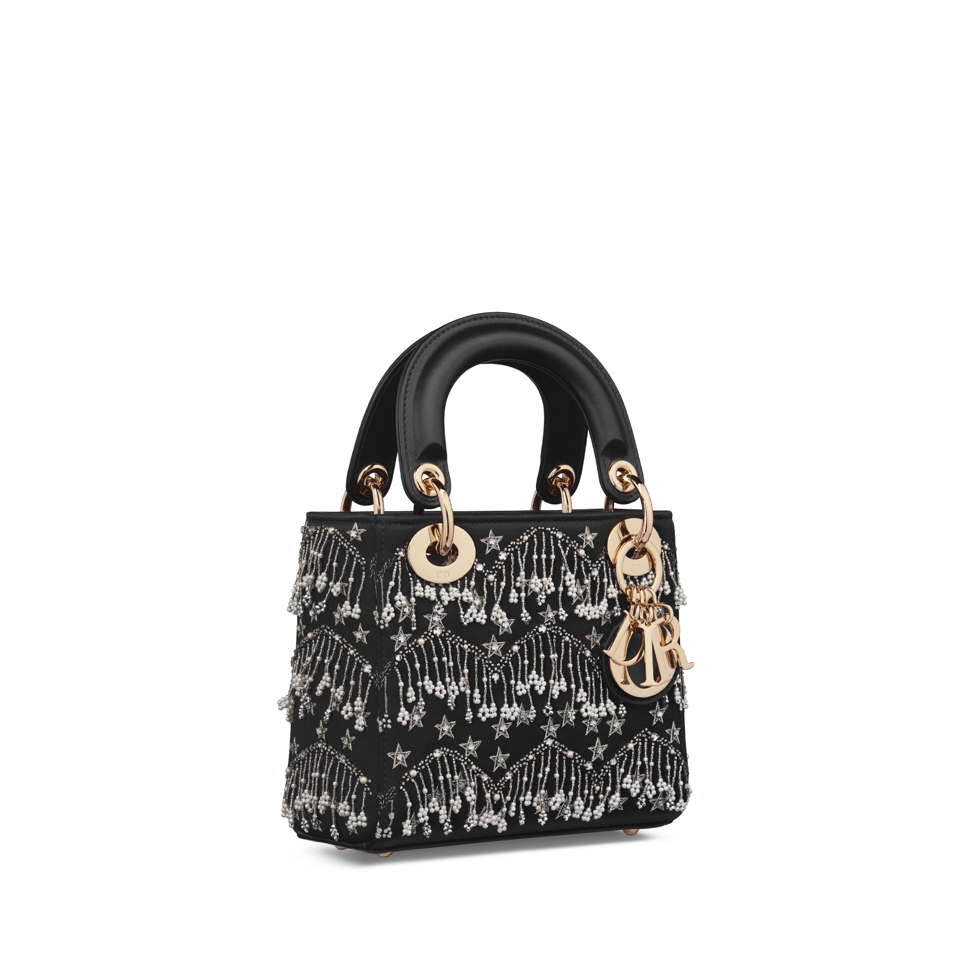 迷你 Lady Dior 手袋 黑色缎面白色树脂珠饰刺绣流苏、银色调星星和仿水晶装饰 E03