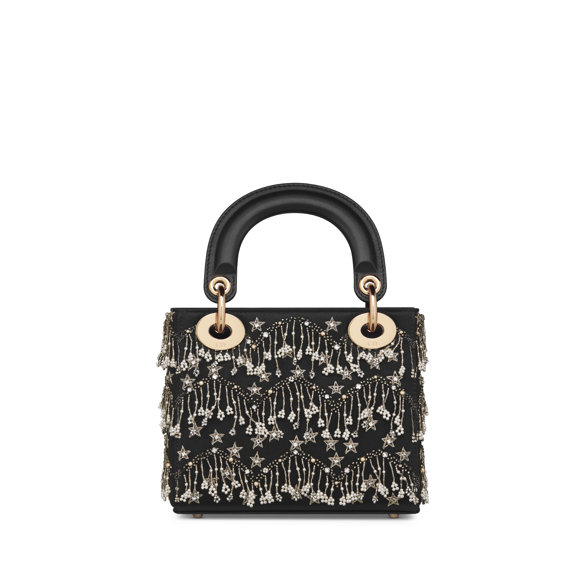 迷你 Lady Dior 手袋 黑色缎面白色树脂珠饰刺绣流苏、银色调星星和仿水晶装饰 E08