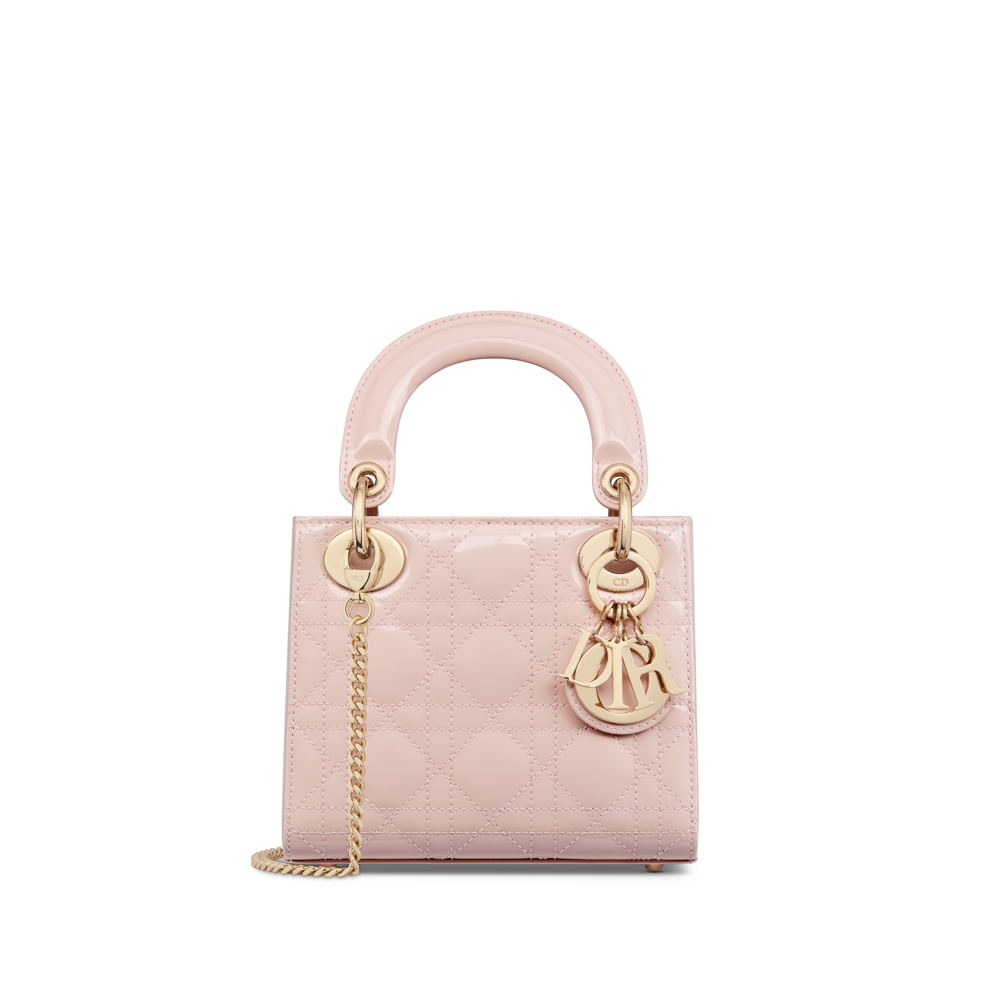 迷你 Lady Dior 手袋 胭脂粉色漆皮牛皮革藤格纹 E01