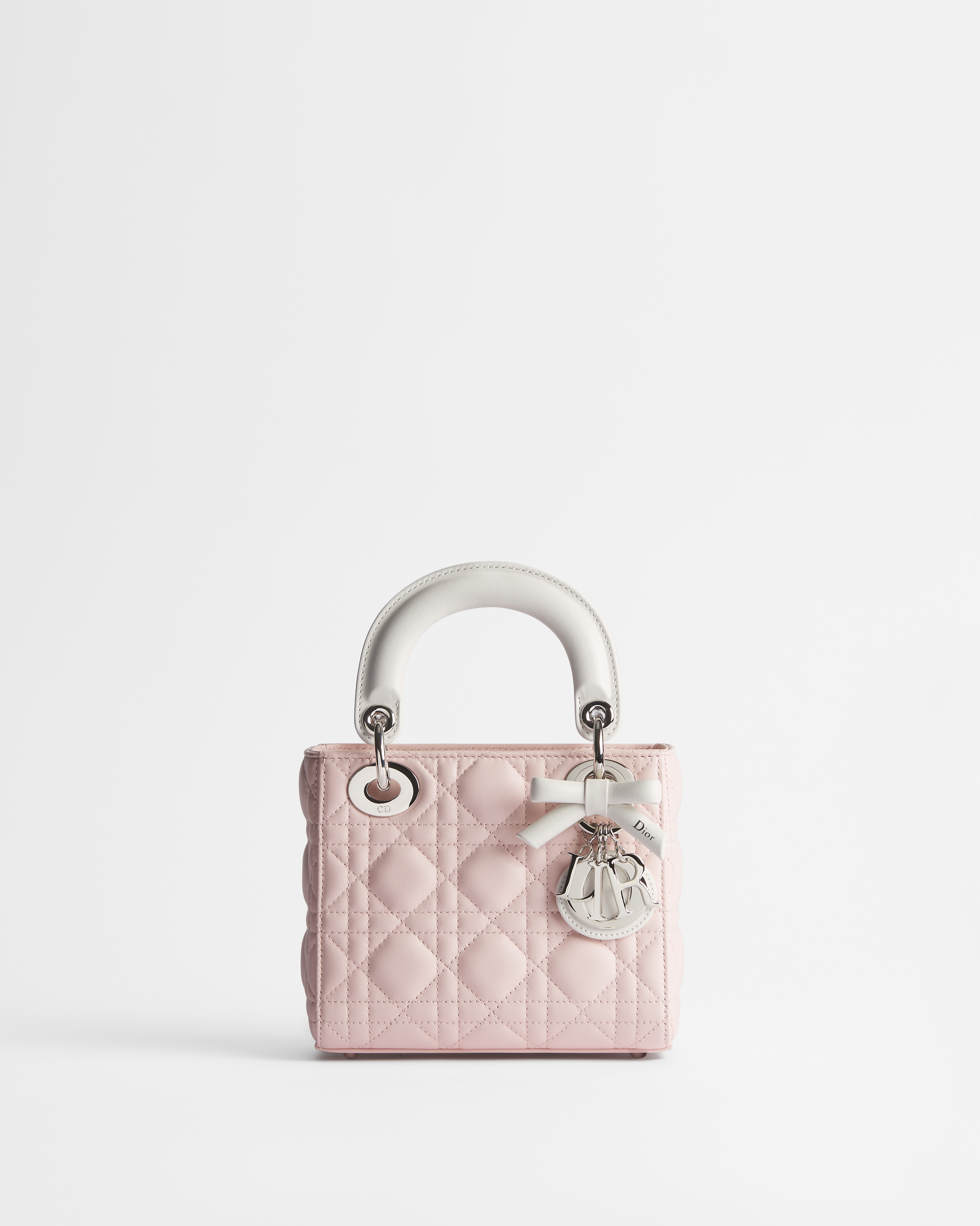 Dior Or 迷你 Lady Dior 手袋（附链条） 淡柔粉色和奶白色羊皮革藤格纹 E01