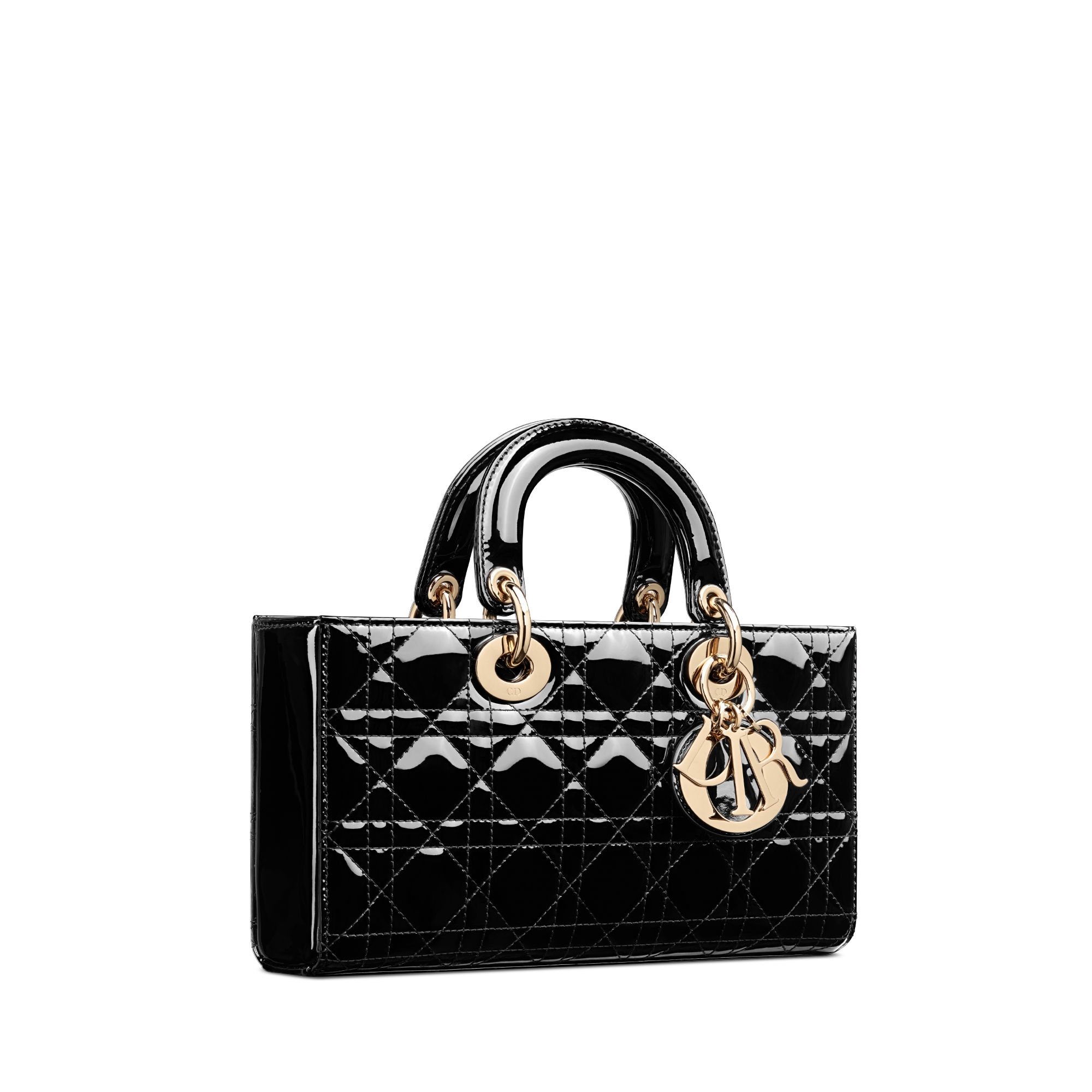 中号 Lady D-Joy 手袋 黑色漆皮牛皮革藤格纹 E03