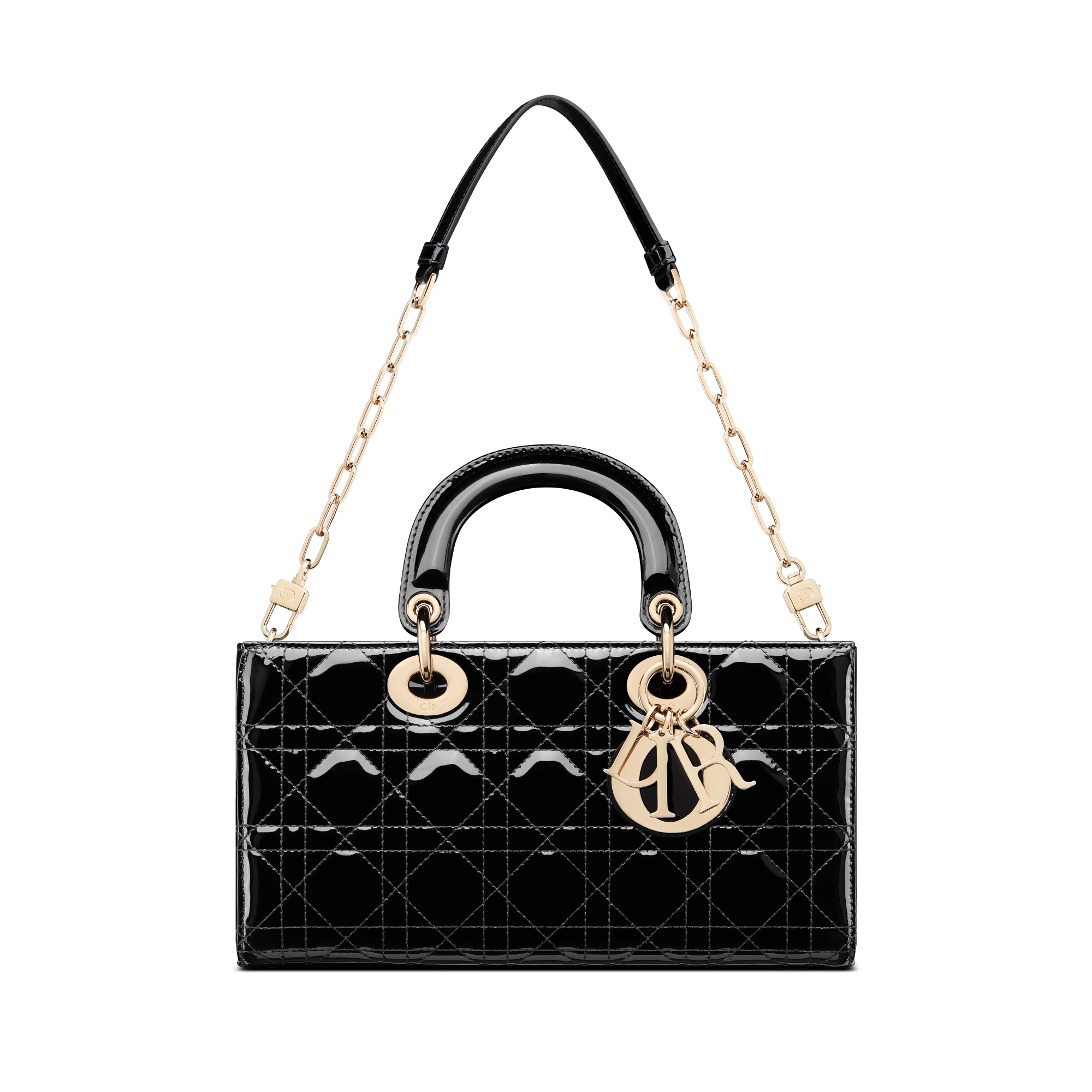 中号 Lady D-Joy 手袋 黑色漆皮牛皮革藤格纹 E10