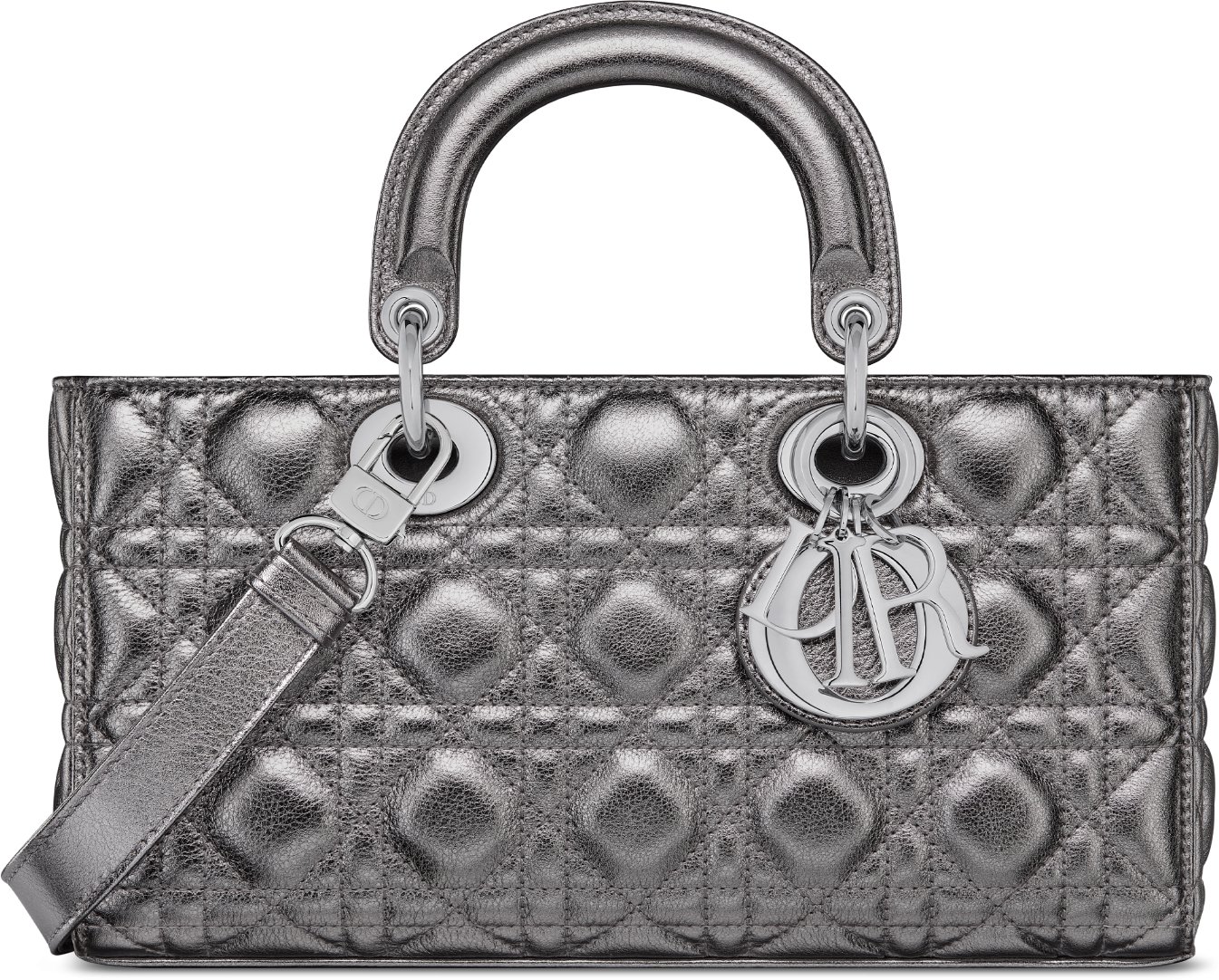 中号Lady D-Joy 手袋金属光泽银色调牛皮革藤格纹| DIOR