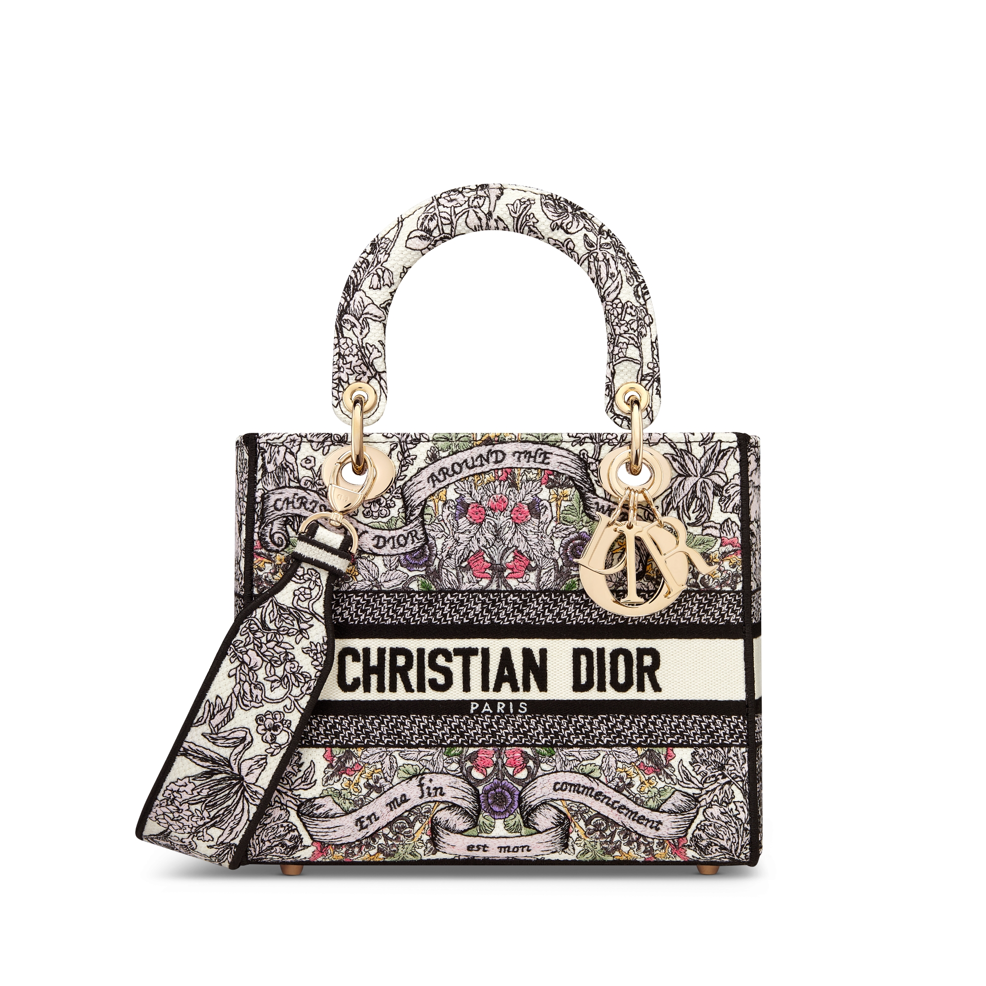 中号Lady D-Lite 手袋奶白色面料多色Dior Around the World 图案