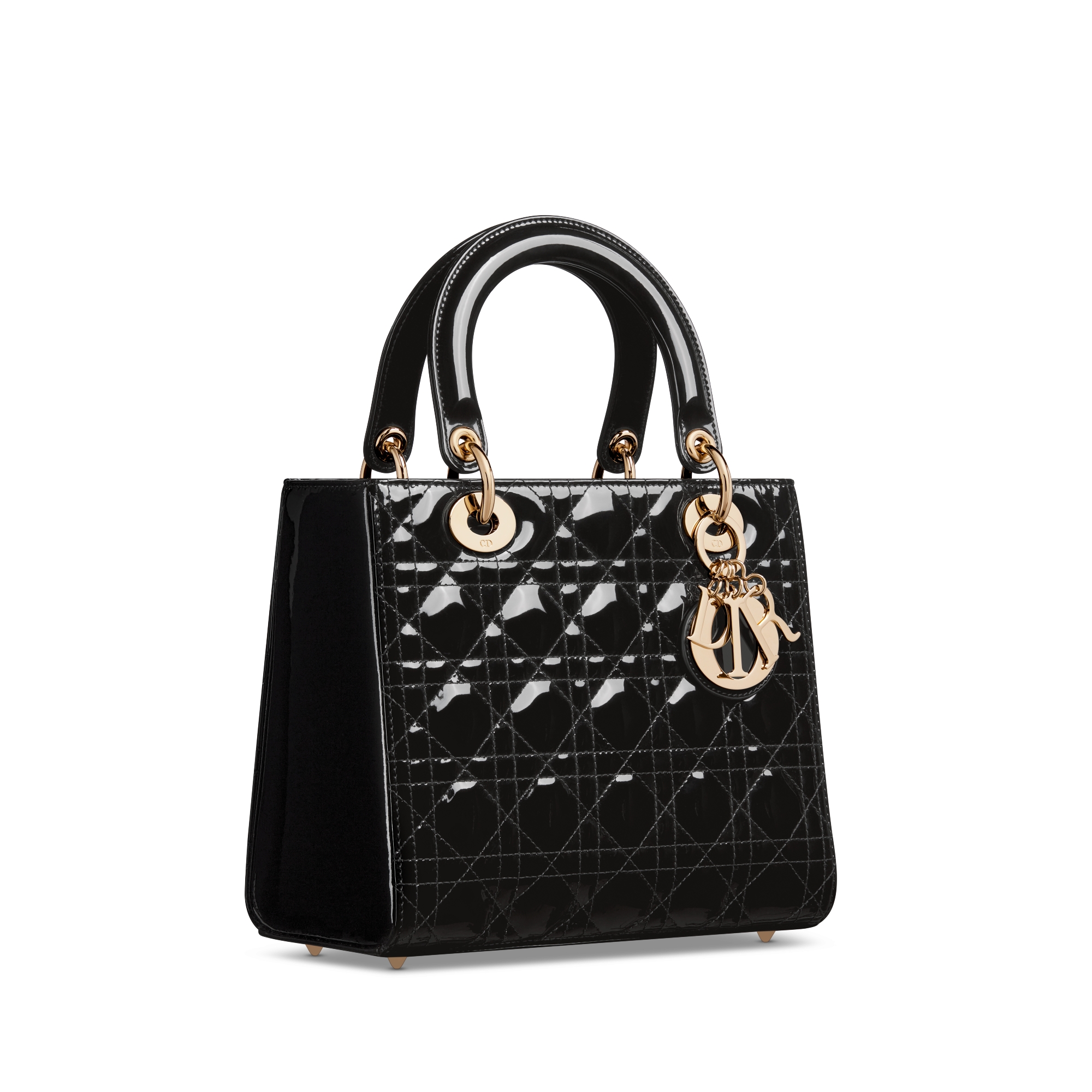 中号 Lady Dior 手袋 黑色漆皮牛皮革藤格纹 E03