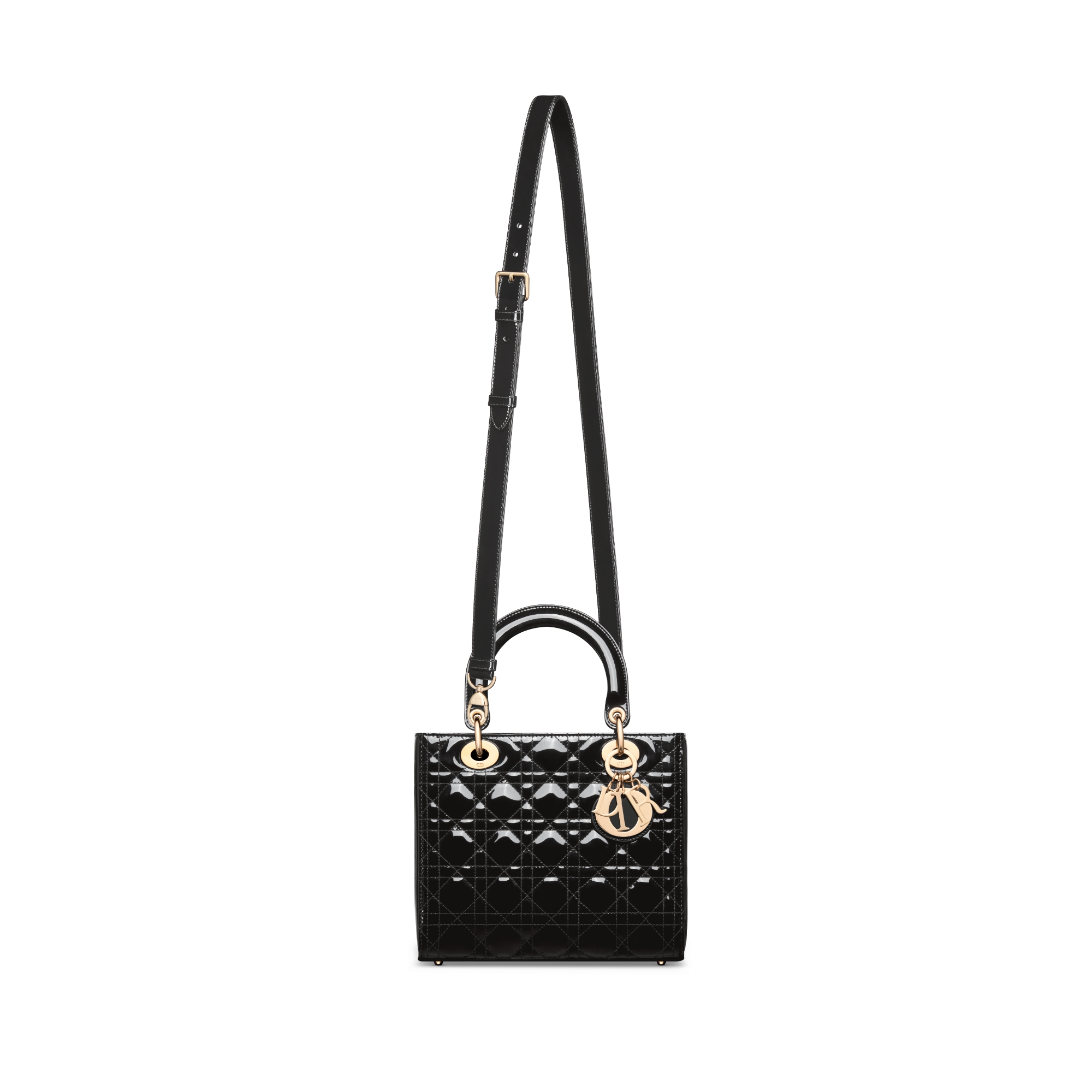 中号 Lady Dior 手袋 黑色漆皮牛皮革藤格纹 E07