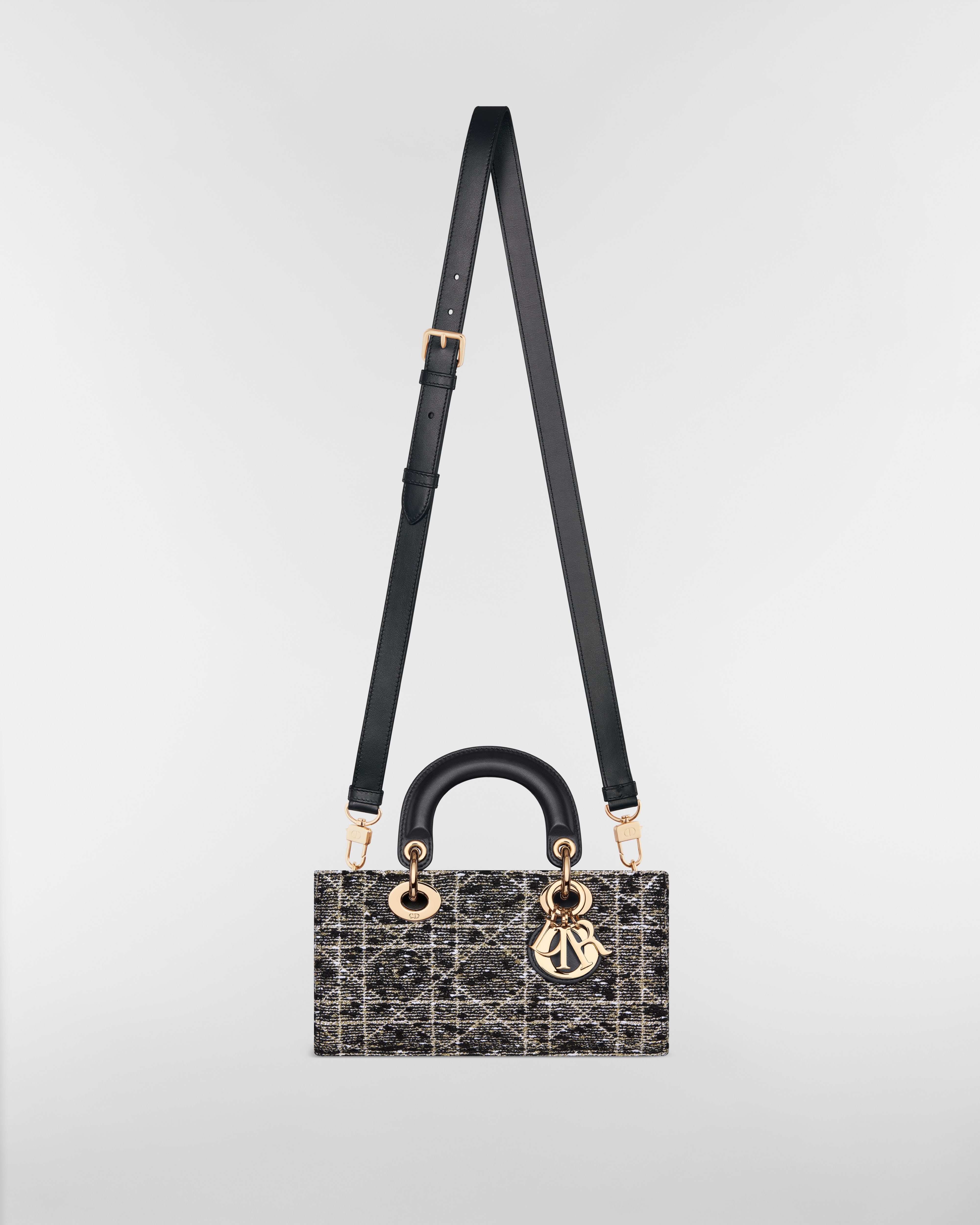 小号 Lady D-Joy 手袋 黑色粗花呢金色金属光泽线藤格纹图案 E07