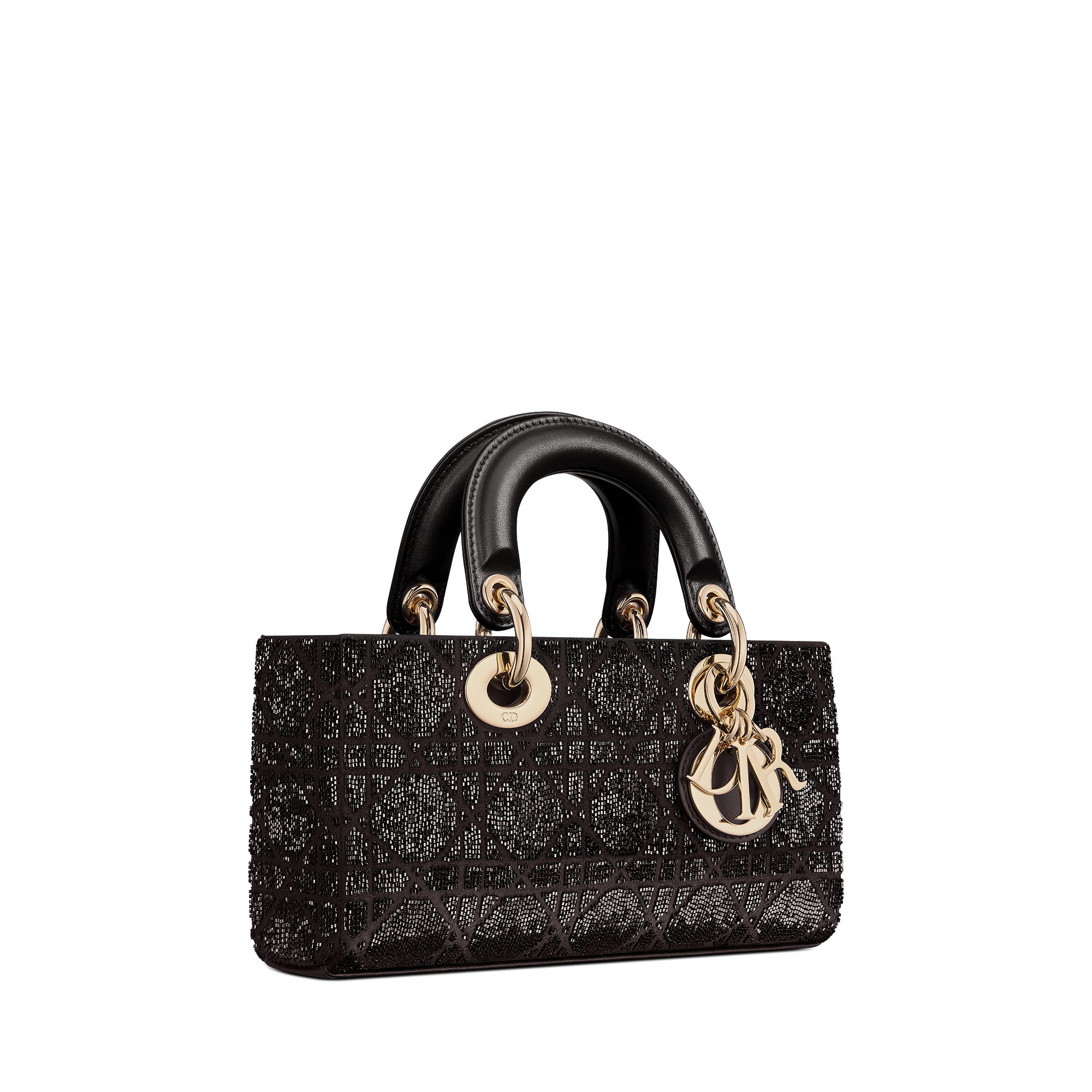 小号 Lady D-Joy 手袋 黑色棉质面料藤格纹迷你珠饰刺绣 E03