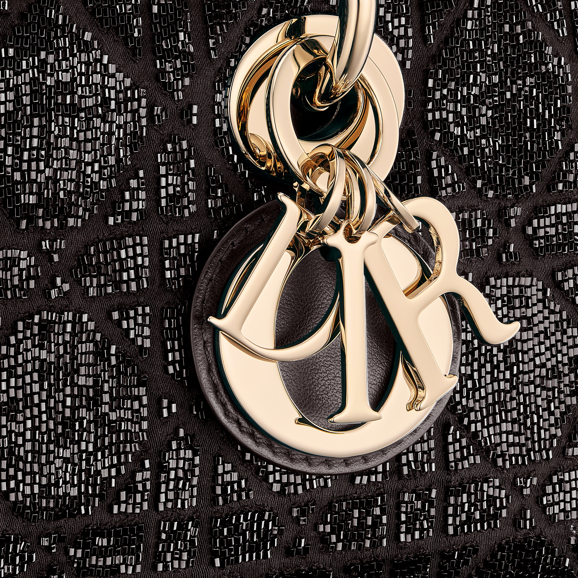 小号 Lady D-Joy 手袋 黑色棉质面料藤格纹迷你珠饰刺绣 E09