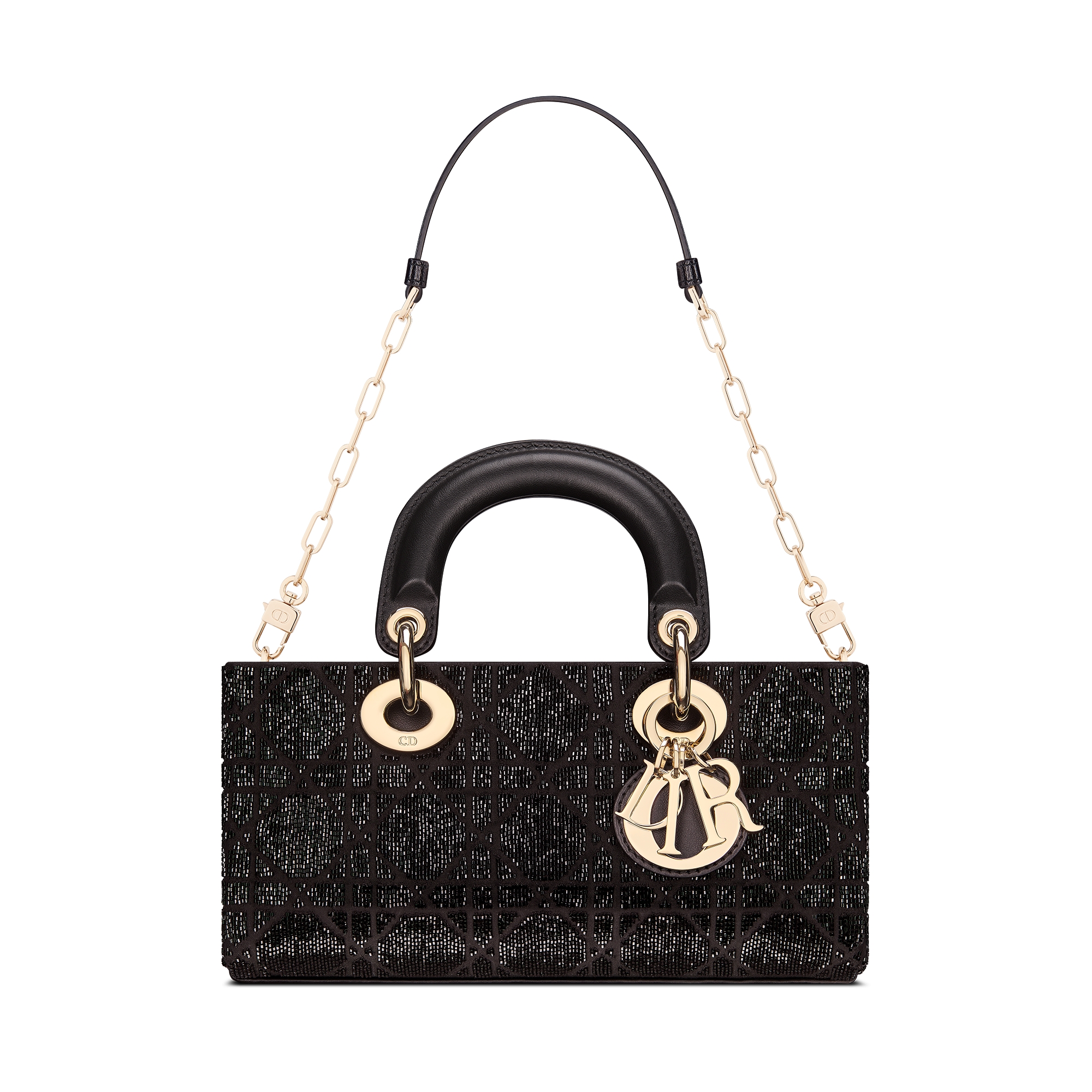 小号 Lady D-Joy 手袋 黑色棉质面料藤格纹迷你珠饰刺绣 E10