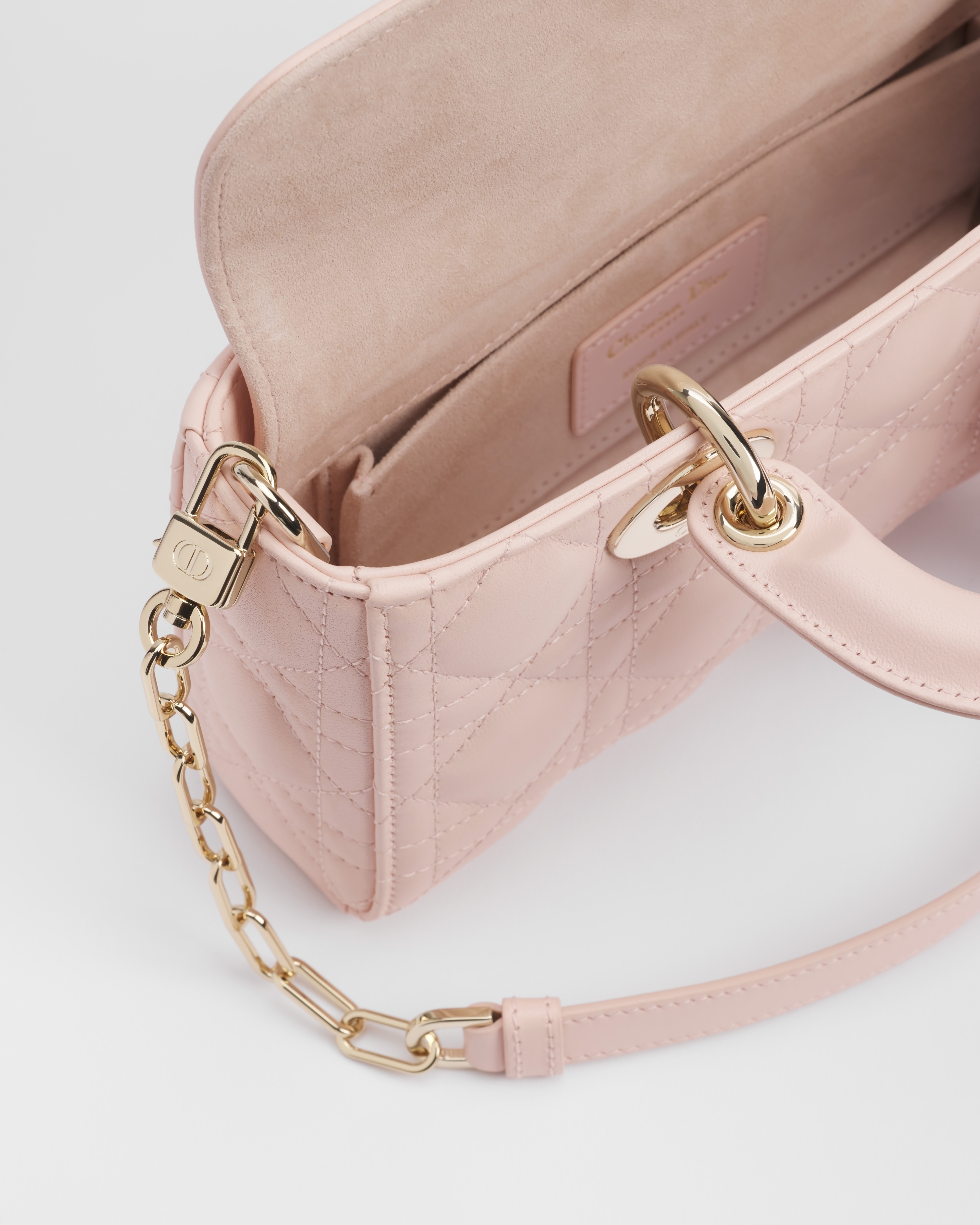 小号 Lady D-Joy 手袋 胭脂粉色羊皮革藤格纹 E06