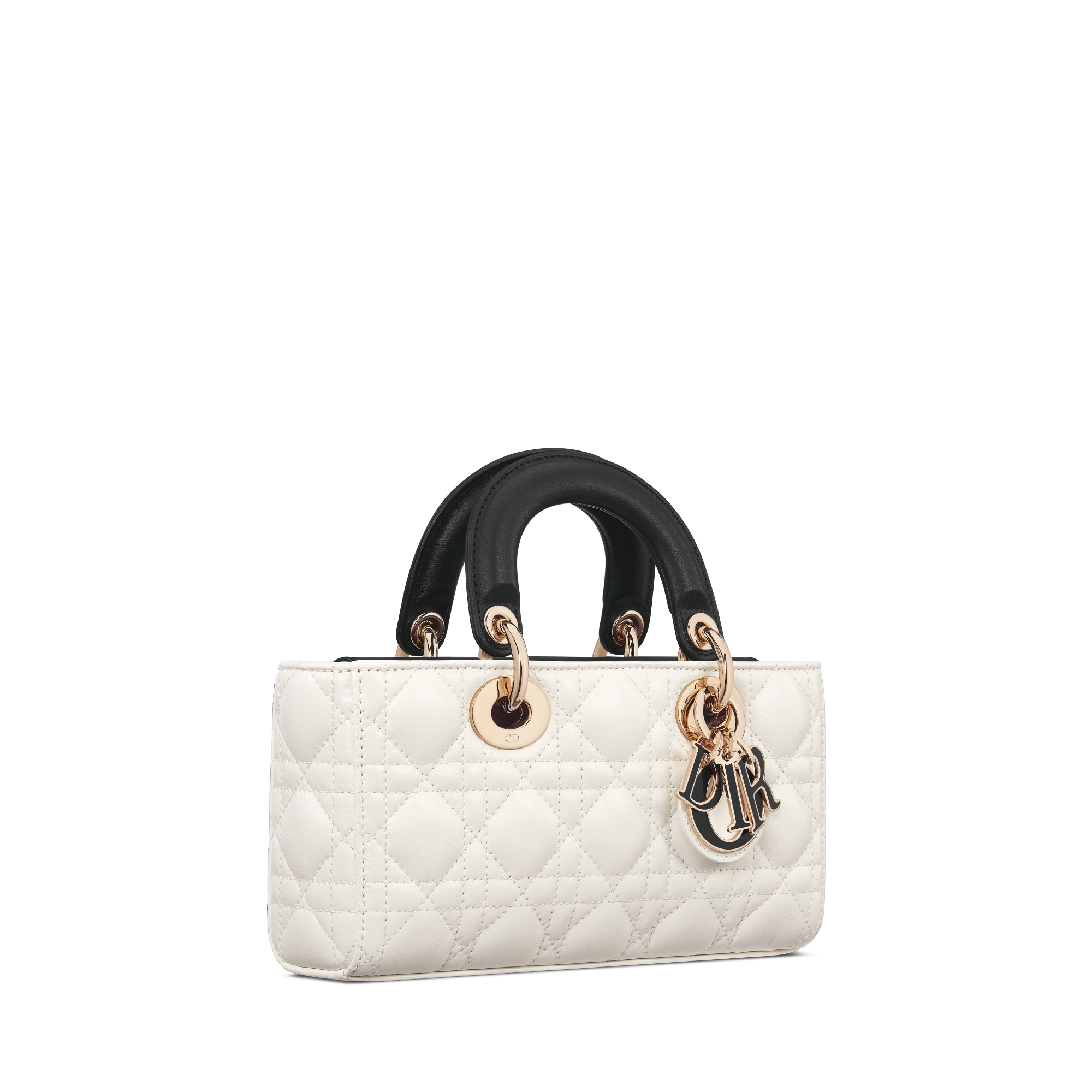 小号 Lady D-Joy 手袋 奶白色和黑色双色羊皮革藤格纹 E03