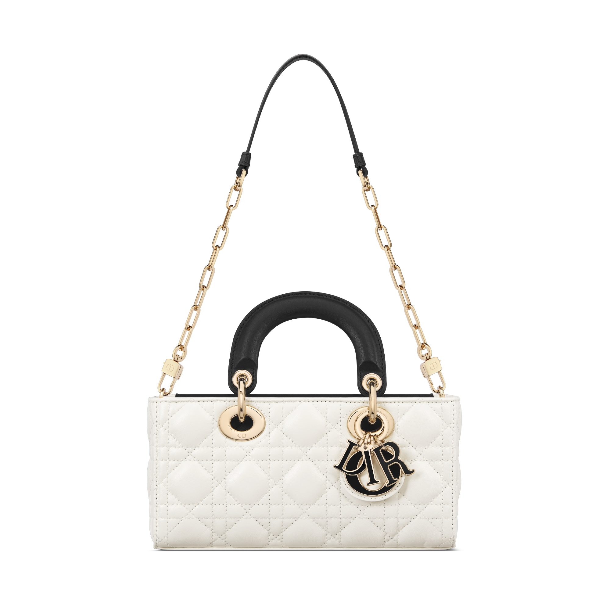 小号 Lady D-Joy 手袋 奶白色和黑色双色羊皮革藤格纹 E10