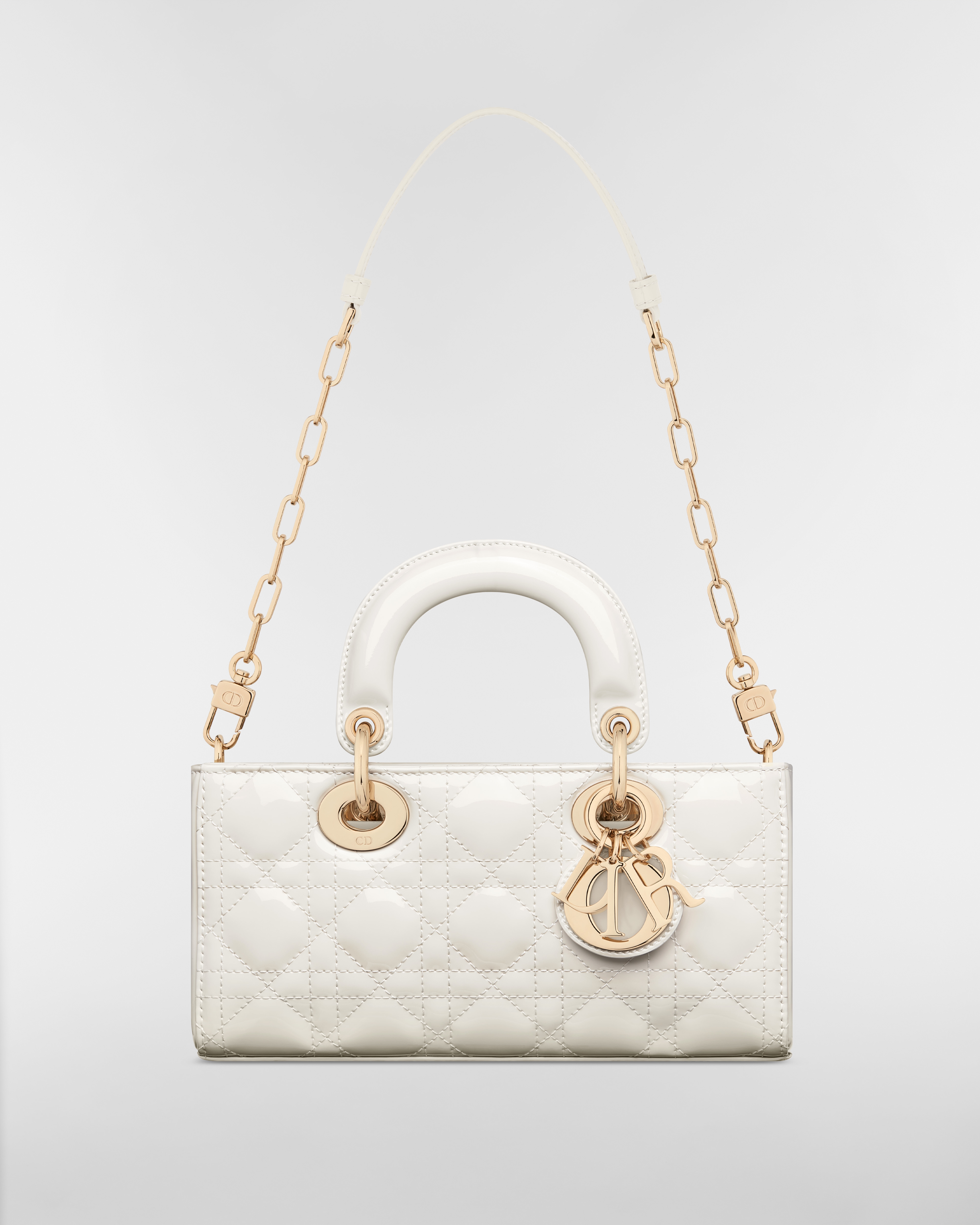 小号 Lady D-Joy 手袋 奶白色漆皮牛皮革藤格纹 E10