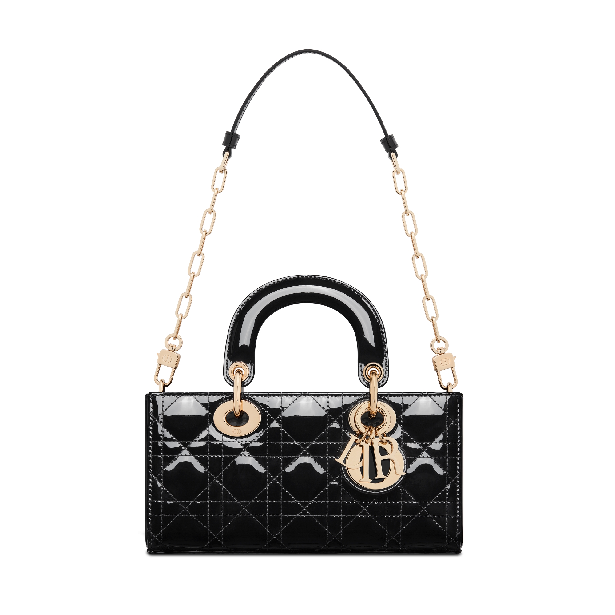 小号 Lady D-Joy 手袋 黑色漆皮牛皮革藤格纹 E10