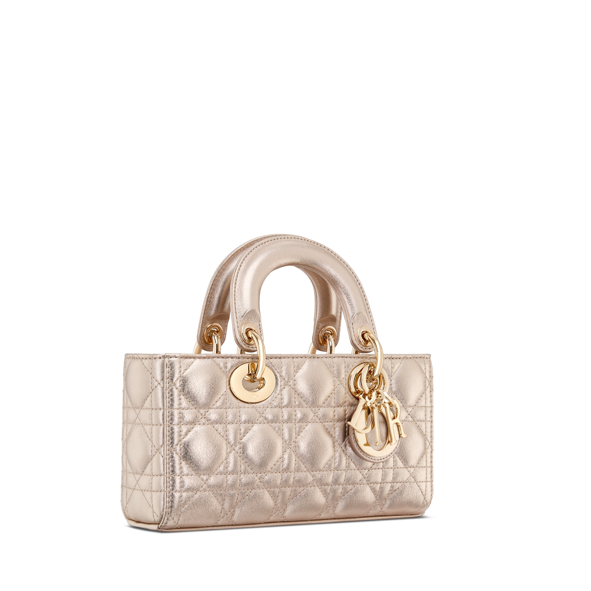 小号 Lady D-Joy 手袋 浅金色调金属光泽牛皮革藤格纹 E03