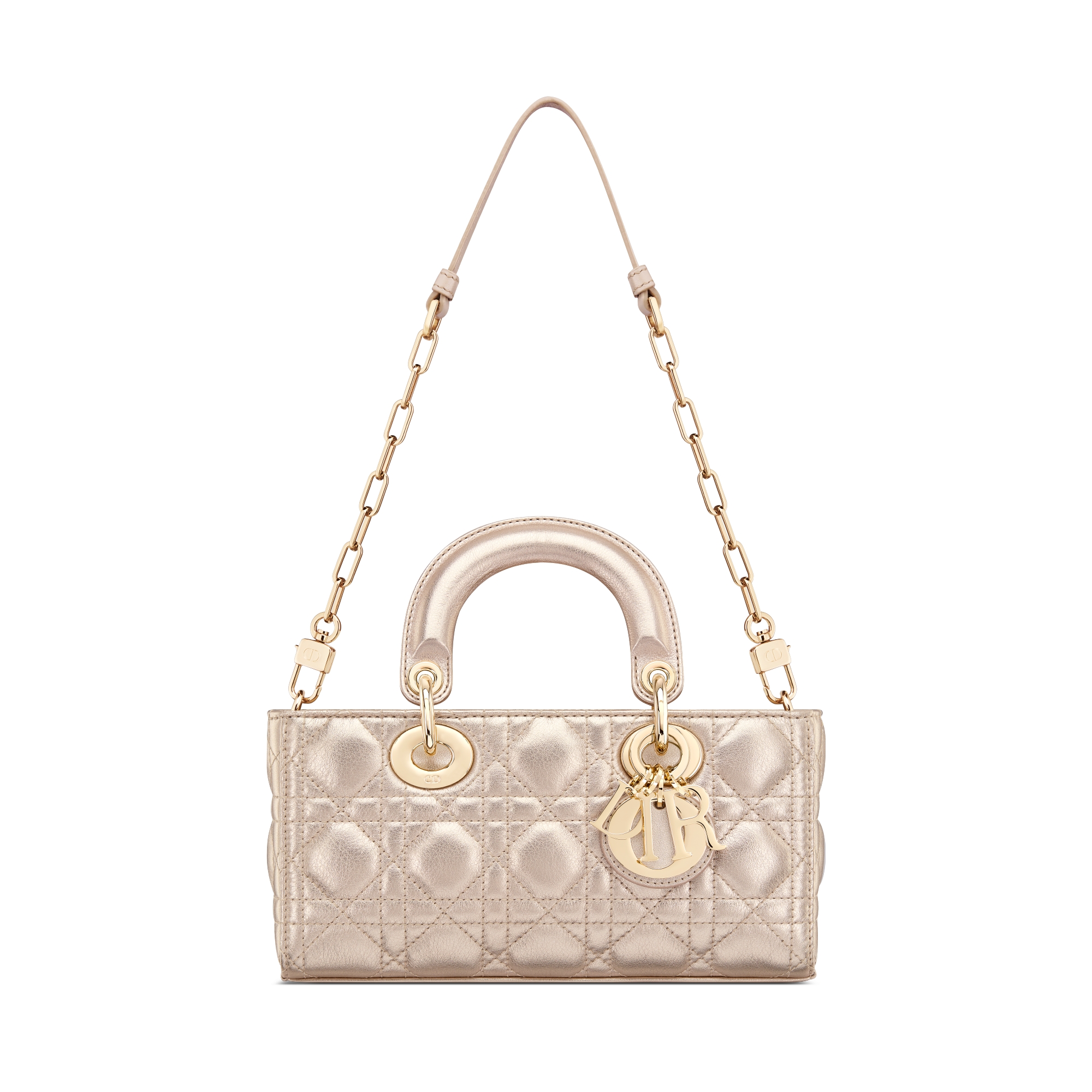 小号 Lady D-Joy 手袋 浅金色调金属光泽牛皮革藤格纹 E10