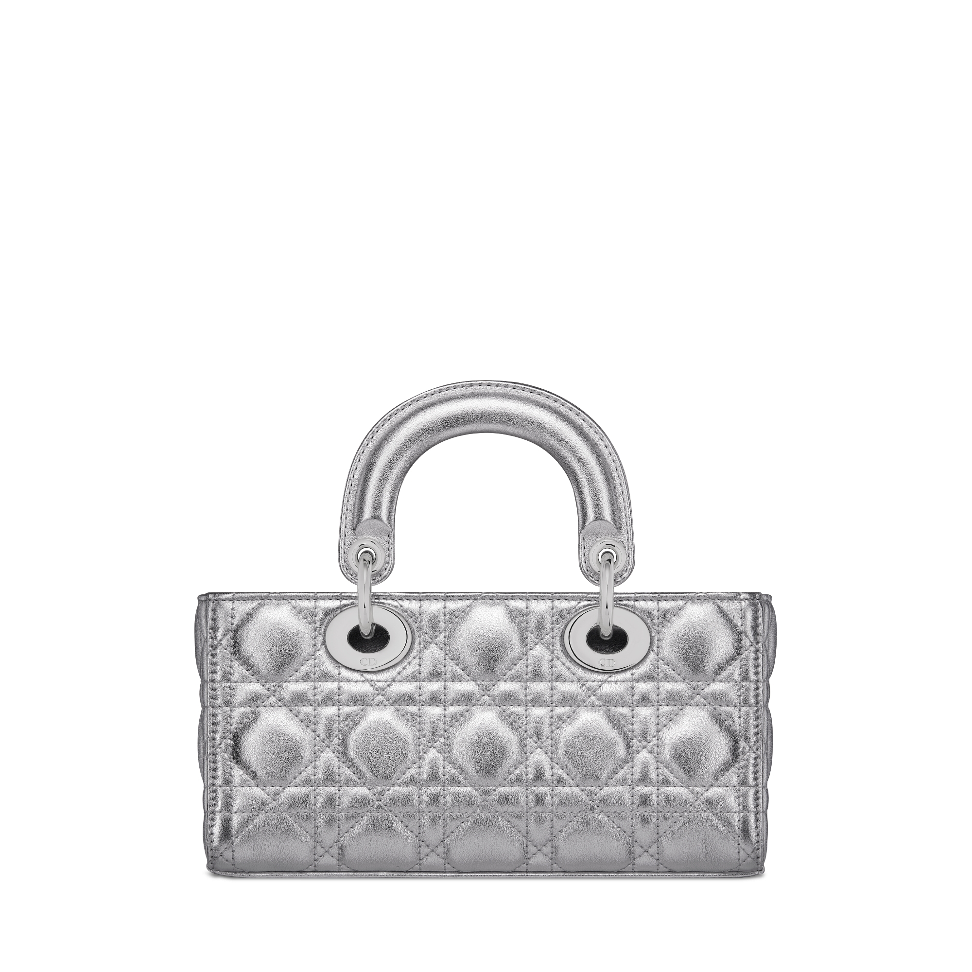 小号 Lady D-Joy 手袋 银色调牛皮革金属光泽藤格纹 E08