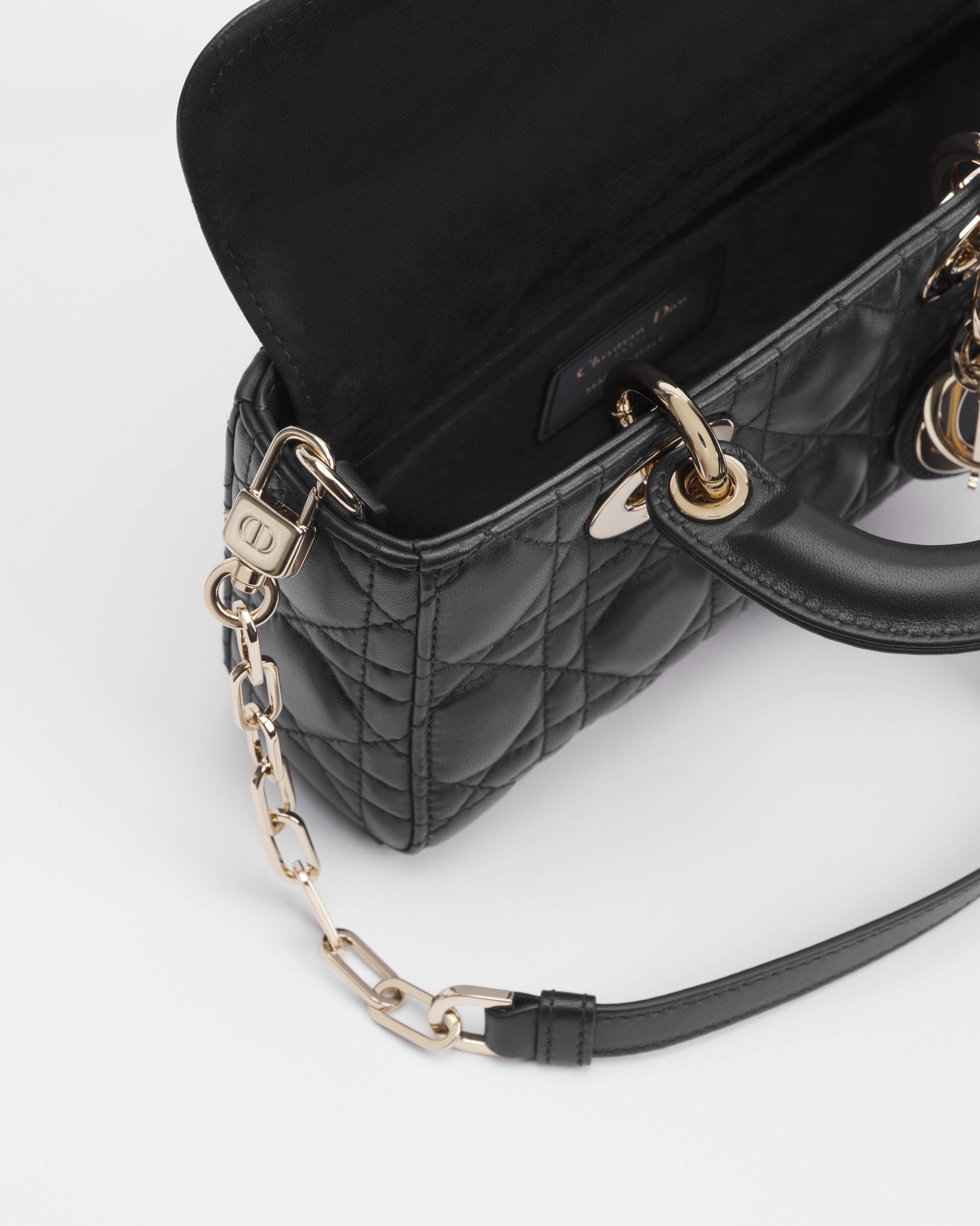 迷你 Lady D-Joy 手袋 黑色羊皮革藤格纹 E06