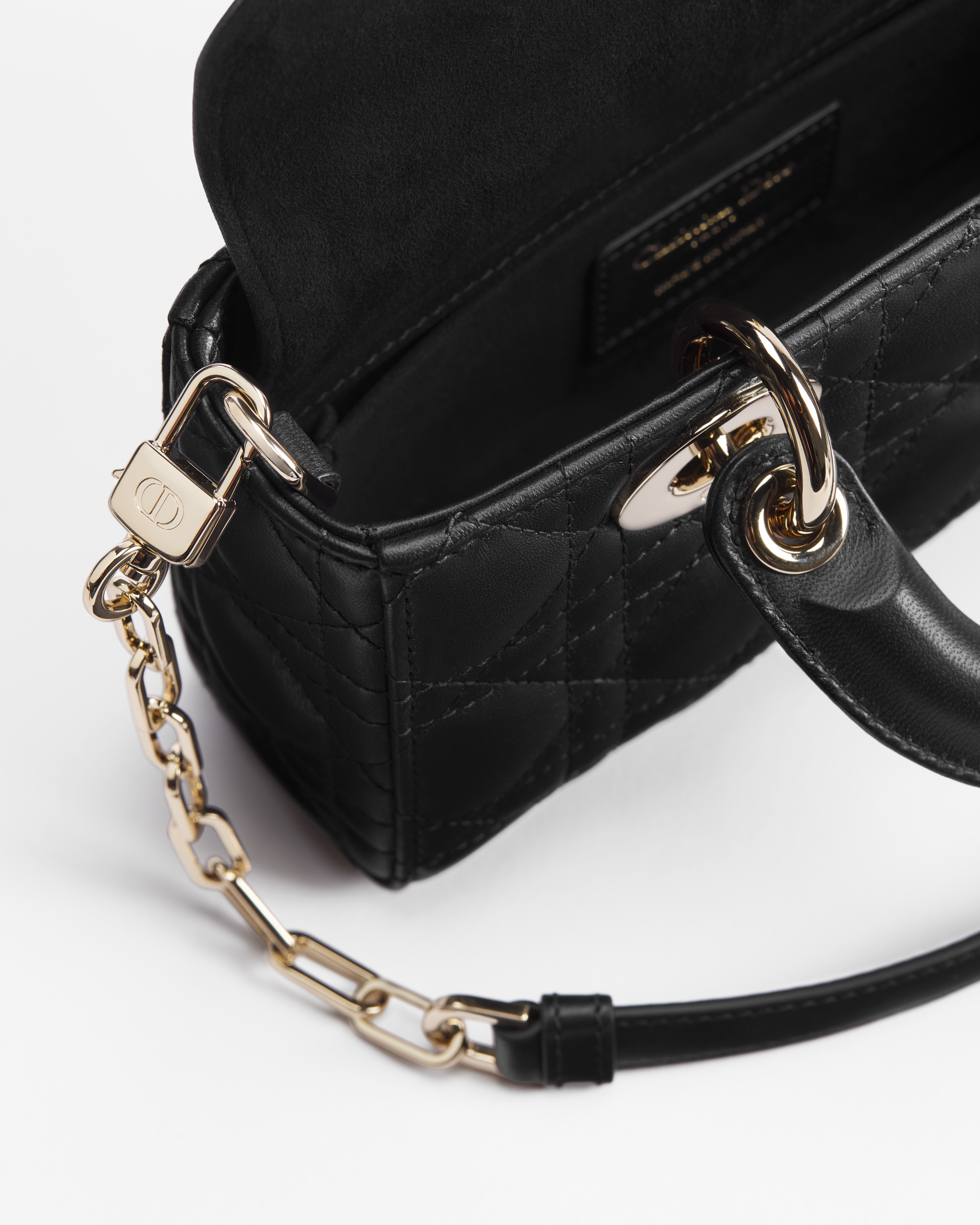 迷你 Lady D-Joy 手袋 黑色羊皮革藤格纹 E06