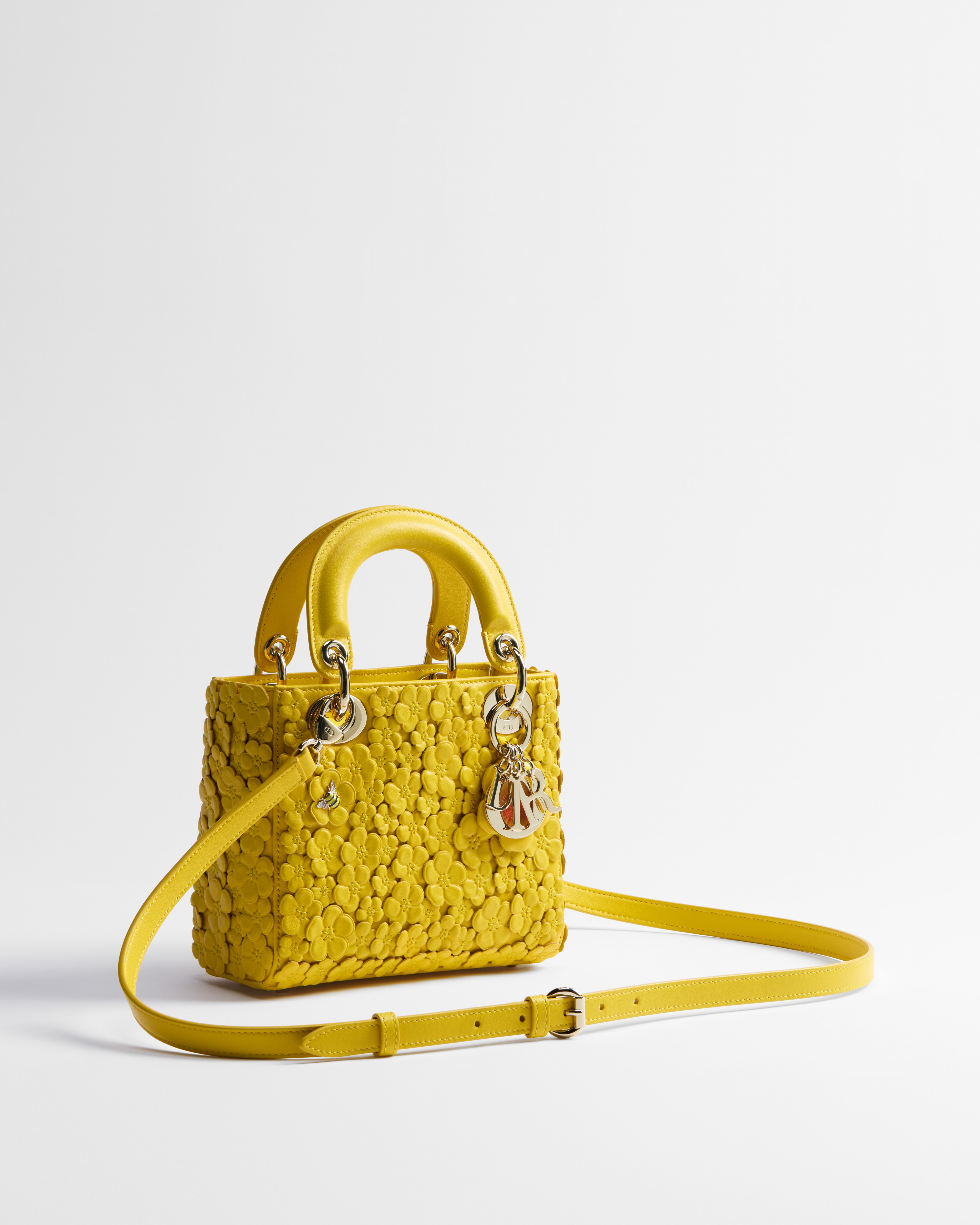 迷你 Lady Dior 手袋（附肩带） 毛茛黄羊皮革立体 Dior Buttercup Allover 图案刺绣 E03