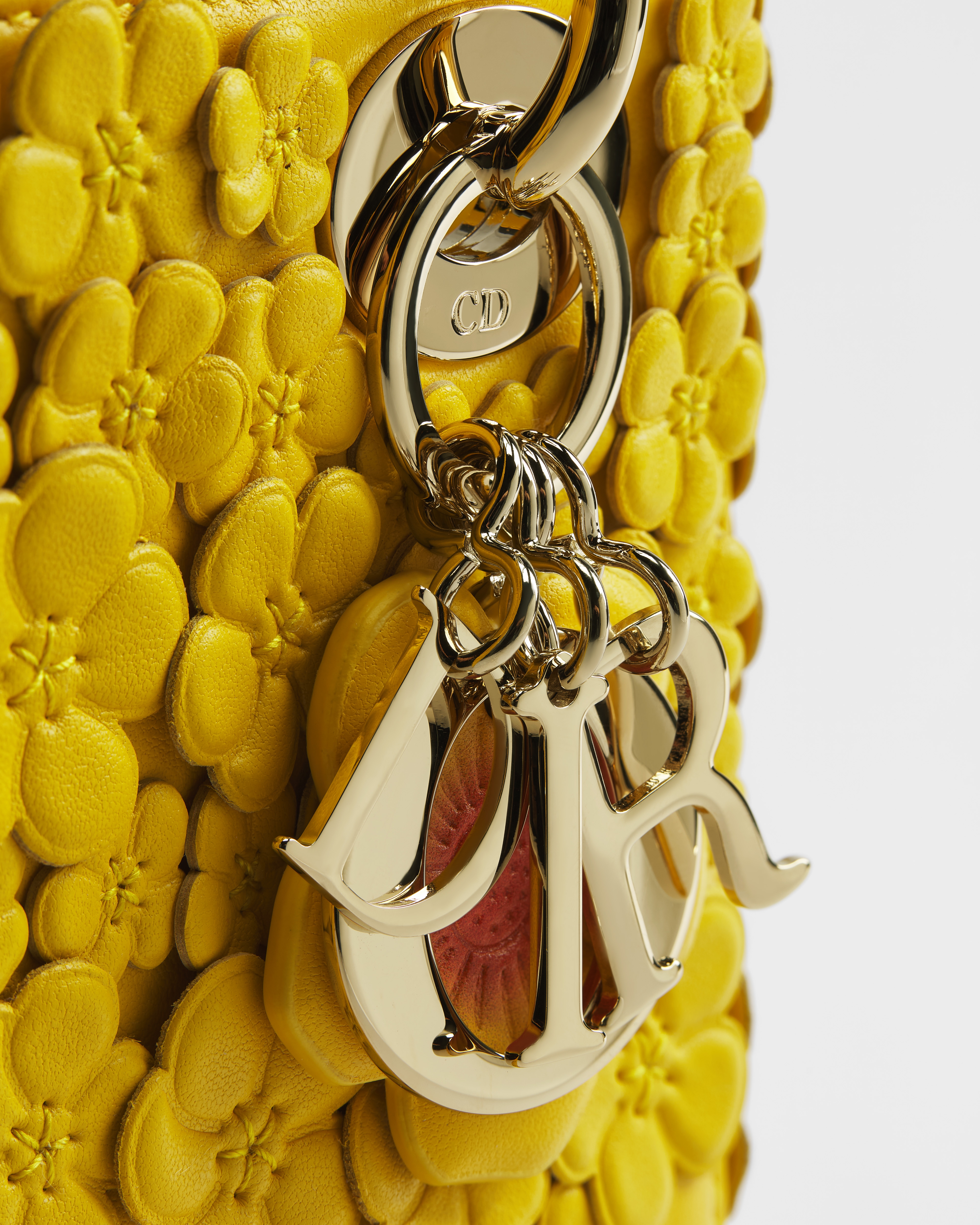 迷你 Lady Dior 手袋（附肩带） 毛茛黄羊皮革立体 Dior Buttercup Allover 图案刺绣 E09