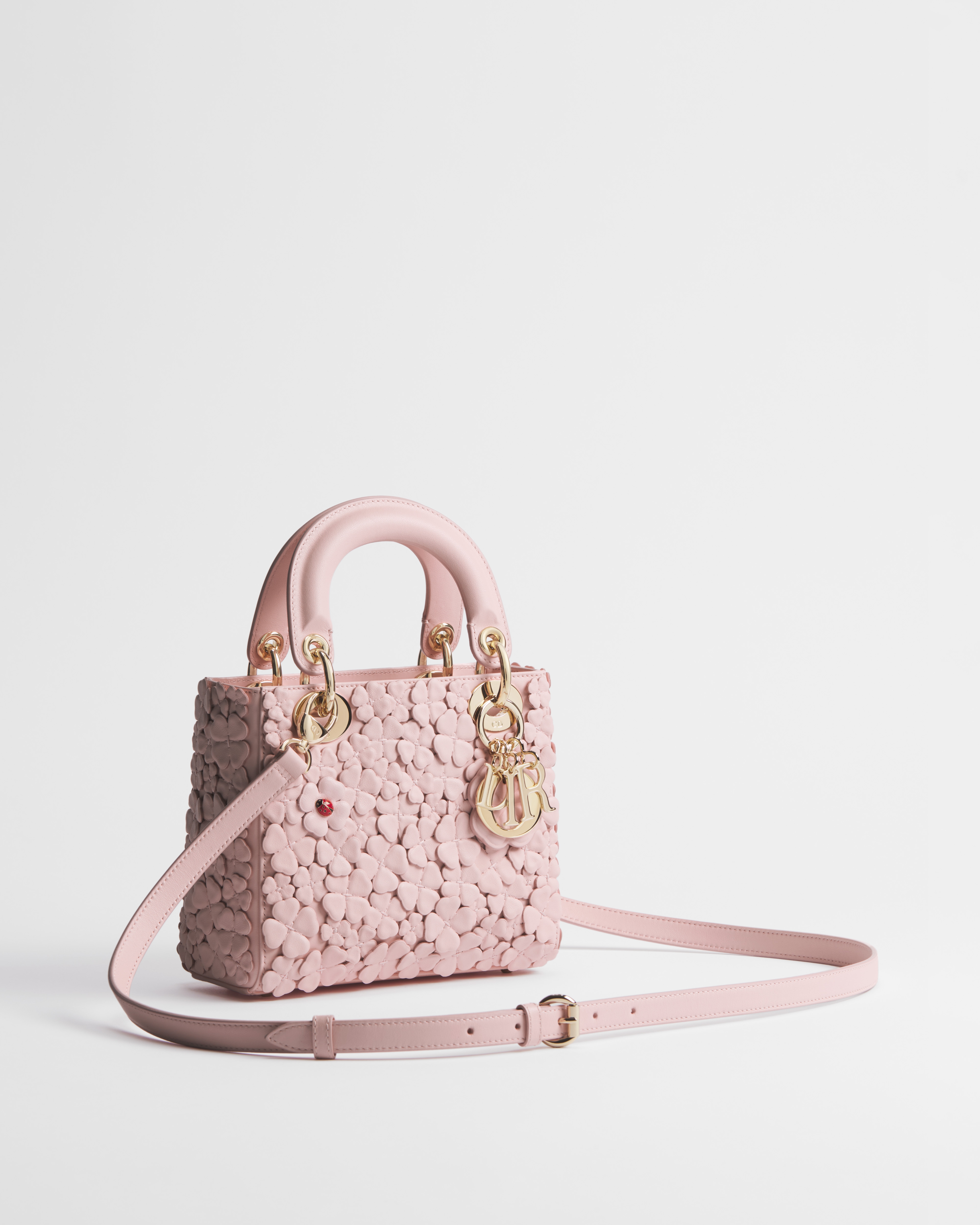 迷你 Lady Dior 手袋（附肩带） 淡柔粉色羊皮革 Dior Clover Allover 图案刺绣 E03