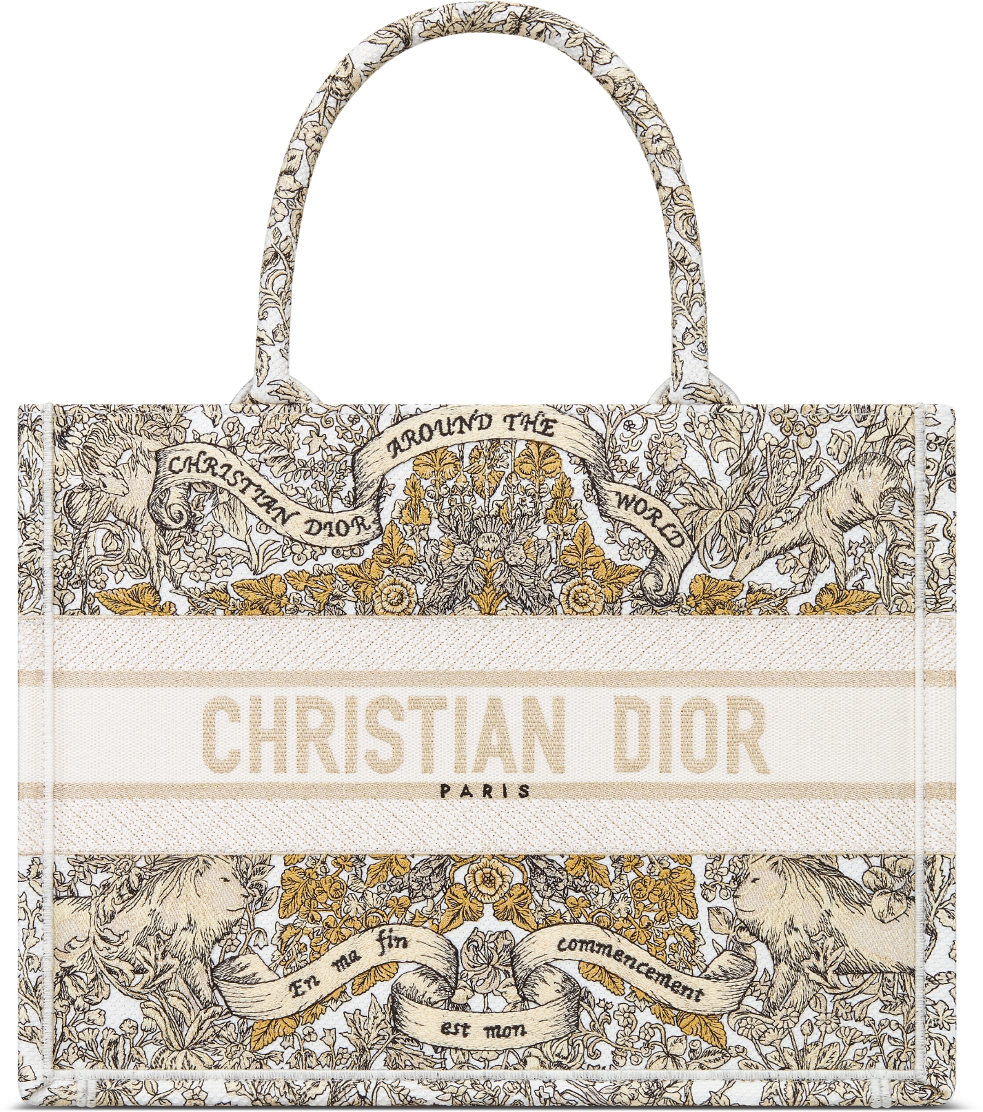 工場直売 Tote 中号Book 手袋奶白色面料金色调Dior 图案 World the Around 小物