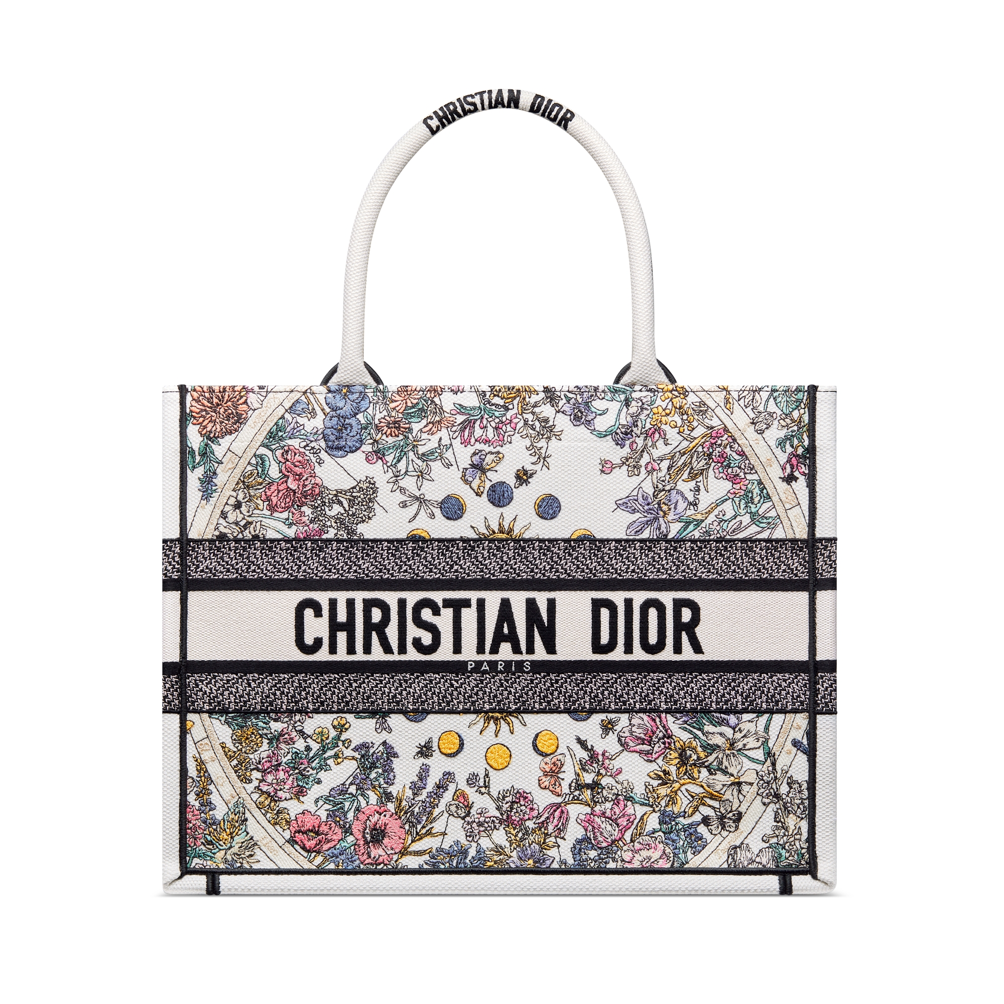 中号 Dior Lucky Book Tote 手袋 白色面料多色 Dior Zodiac Flowers 图案刺绣（36 x 27.5 x 16.5 厘米） E01