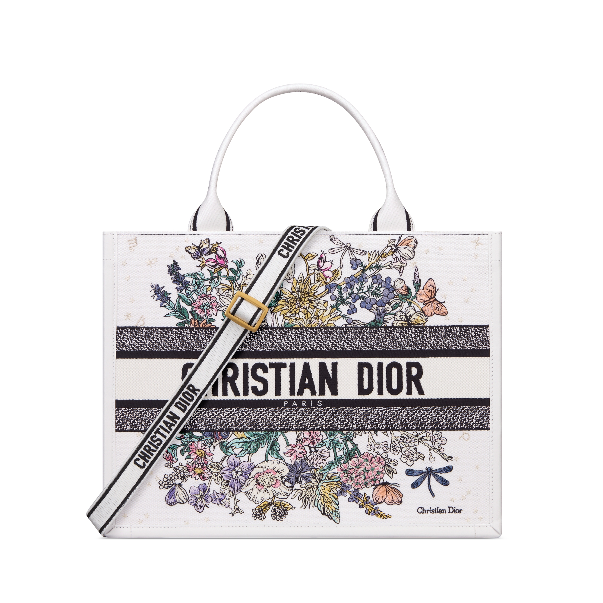 中号 Dior Lucky Book Tote 手袋 白色面料多色 Dior Zodiac Flowers 图案刺绣和白色牛皮革 (36.5 x 28 x 16.5 厘米) E01