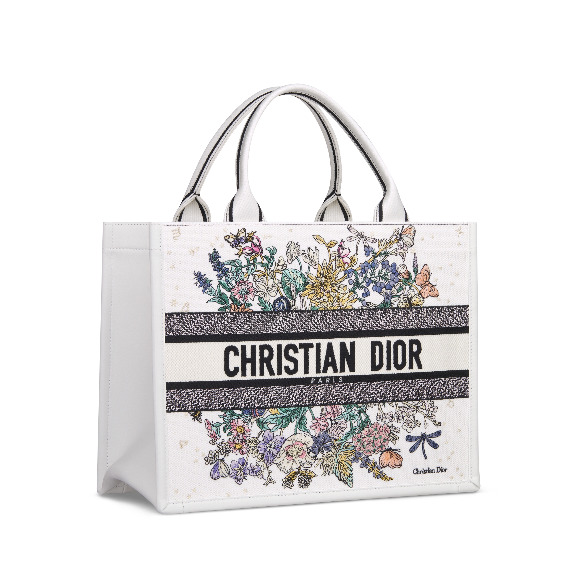 中号 Dior Lucky Book Tote 手袋 白色面料多色 Dior Zodiac Flowers 图案刺绣和白色牛皮革 (36.5 x 28 x 16.5 厘米) E03