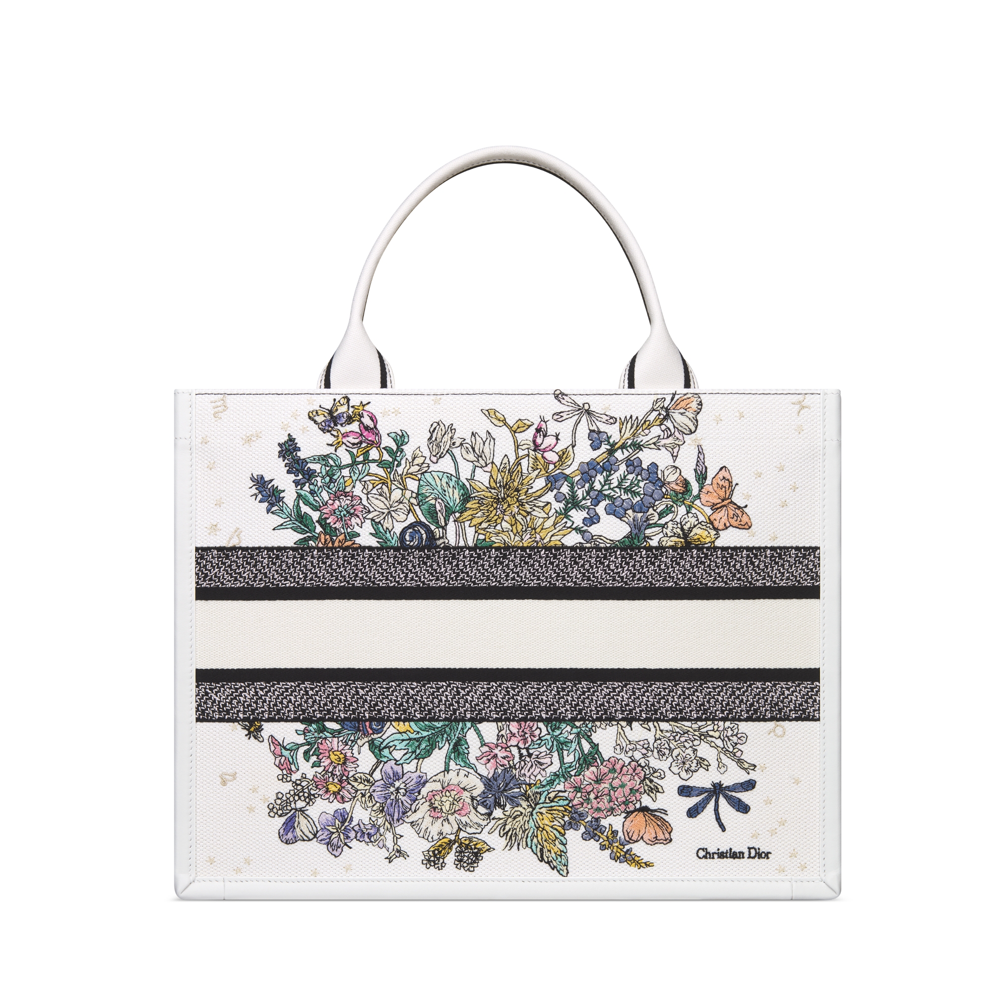 中号 Dior Lucky Book Tote 手袋 白色面料多色 Dior Zodiac Flowers 图案刺绣和白色牛皮革 (36.5 x 28 x 16.5 厘米) E08