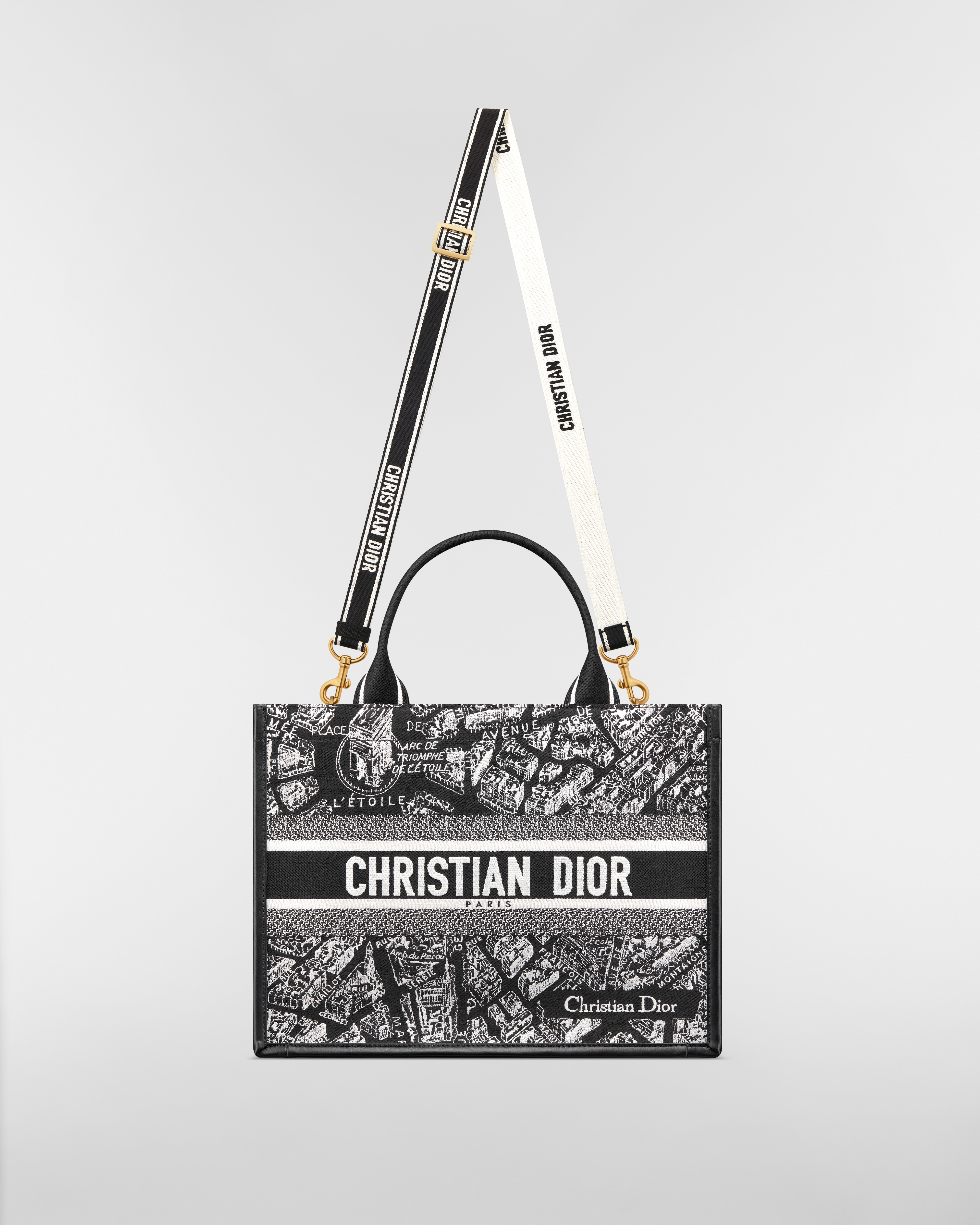 中号 Book Tote 手袋 黑色和白色 Plan de Paris 图案刺绣搭配黑色牛皮革（36.5 x 28 x 16.5 厘米） E07