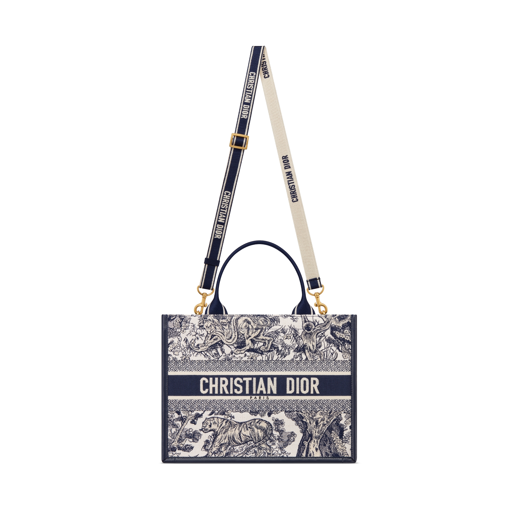 中号 Book Tote 手袋 白色和海军蓝色 Sauvage 茹伊印花刺绣搭配海军蓝色牛皮革（36.5 x 28 x 16.5 厘米） E07