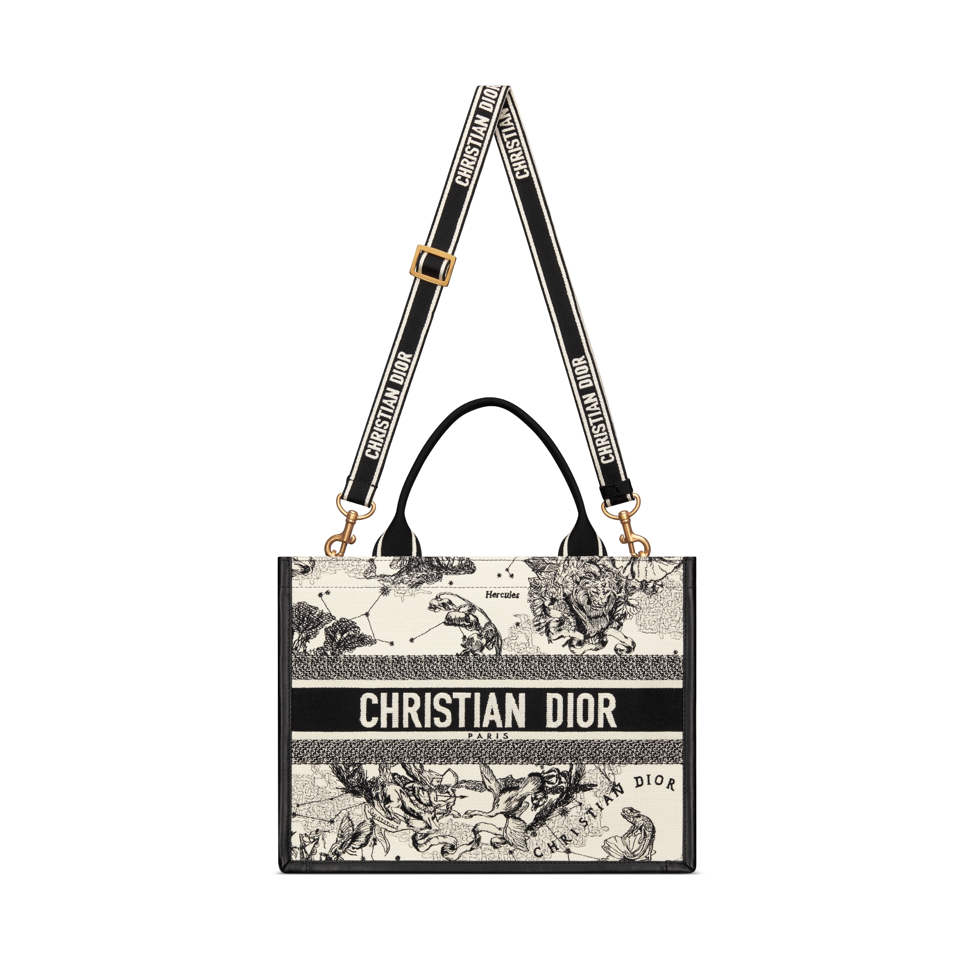 中号 Book Tote 手袋 奶白色和黑色 Dior Zodiac 图案刺绣搭配黑色牛皮革（36.5 x 28 x 16.5 厘米） E07