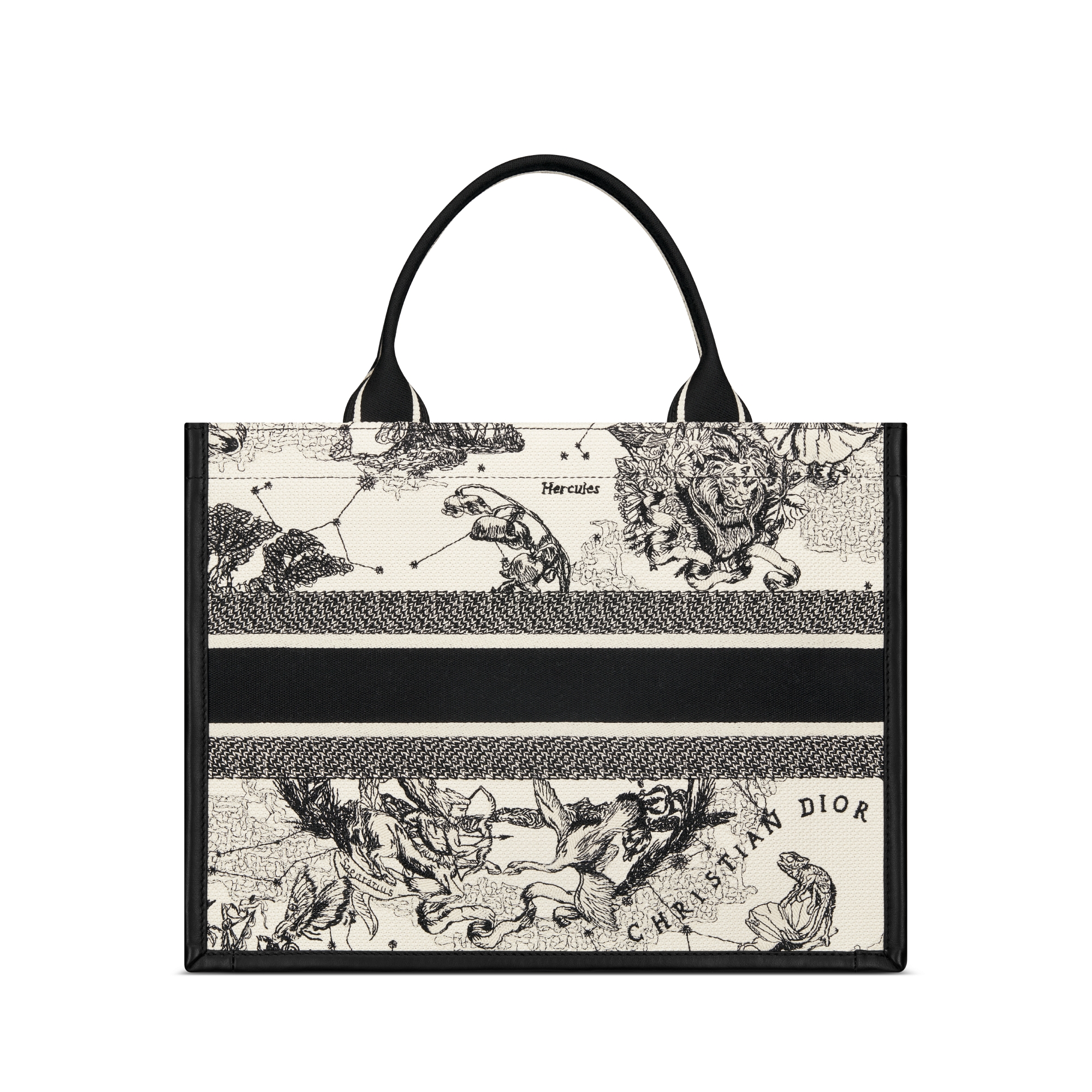 中号 Book Tote 手袋 奶白色和黑色 Dior Zodiac 图案刺绣搭配黑色牛皮革（36.5 x 28 x 16.5 厘米） E08